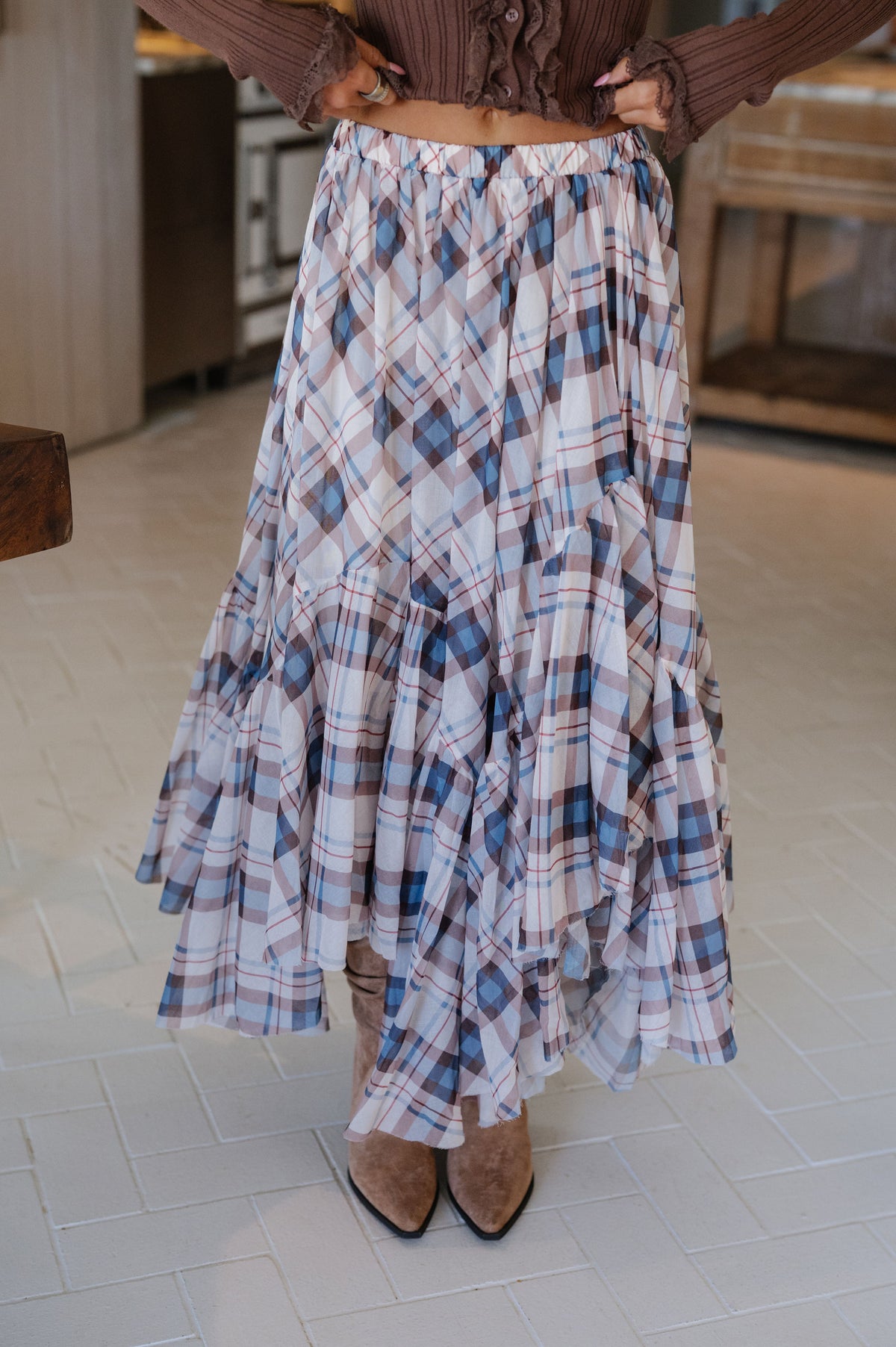 Cami Plaid Maxi Skirt-Off White