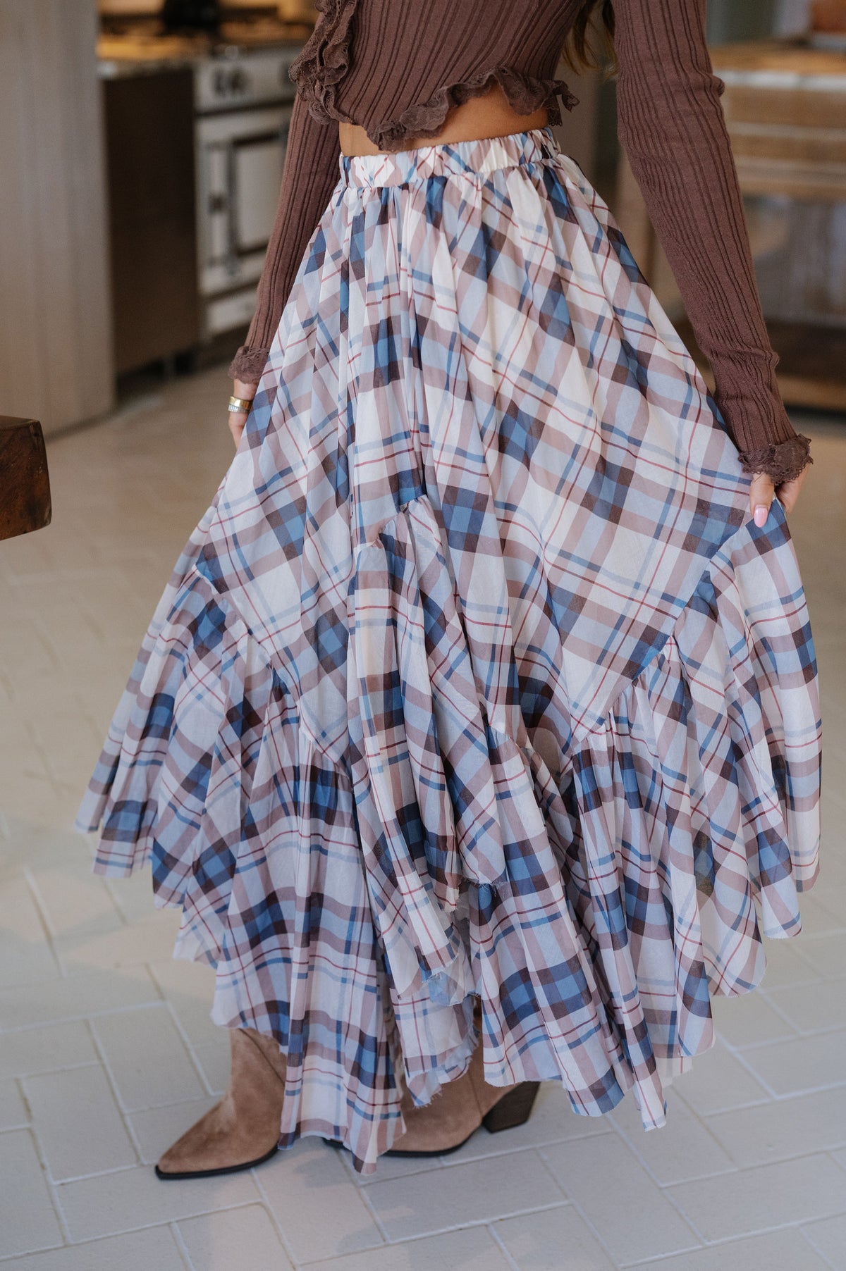 Cami Plaid Maxi Skirt-Off White