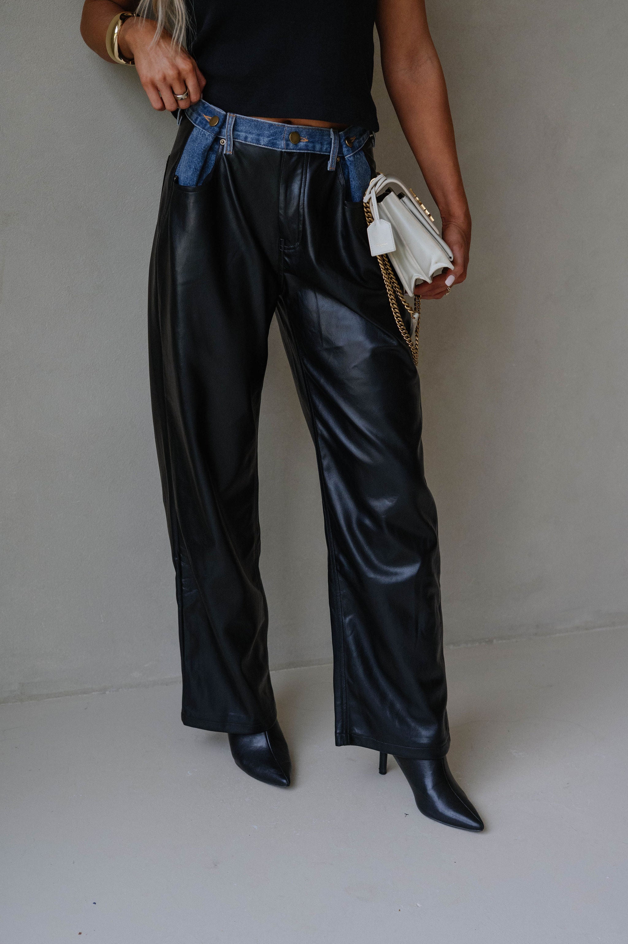Dakota Contrast Pu Pants-Black Denim