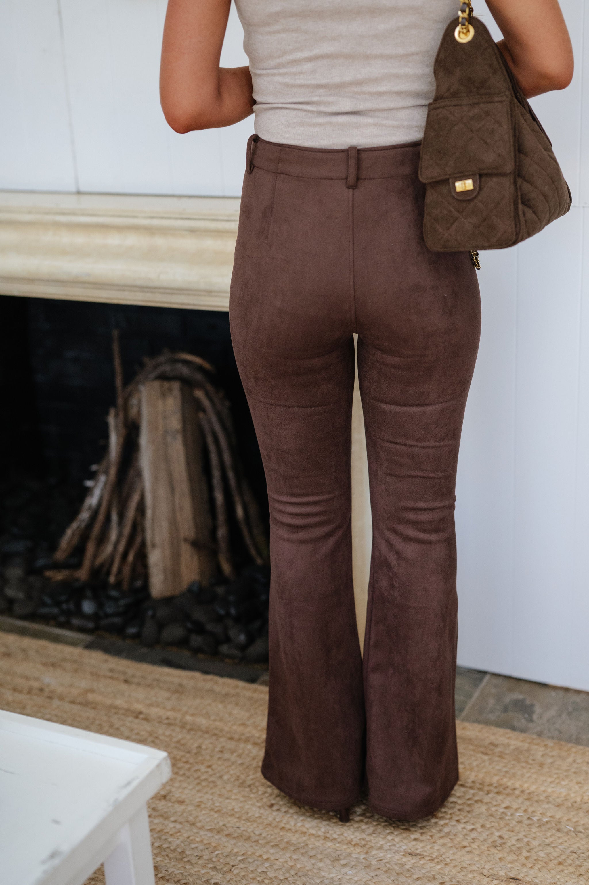 Lainey Faux Suede Flare Pants-Dark Oak