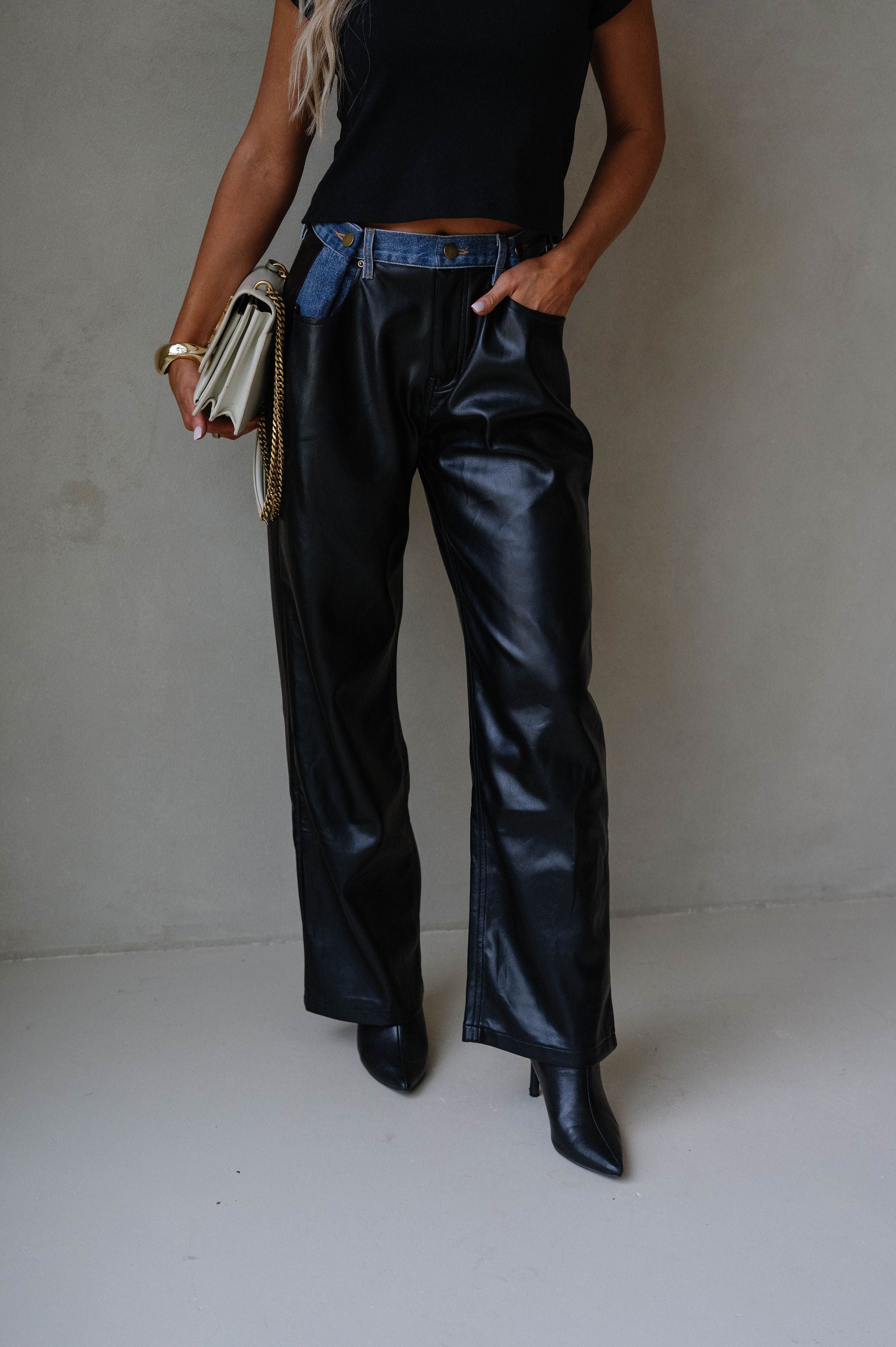 Dakota Contrast Pu Pants-Black Denim