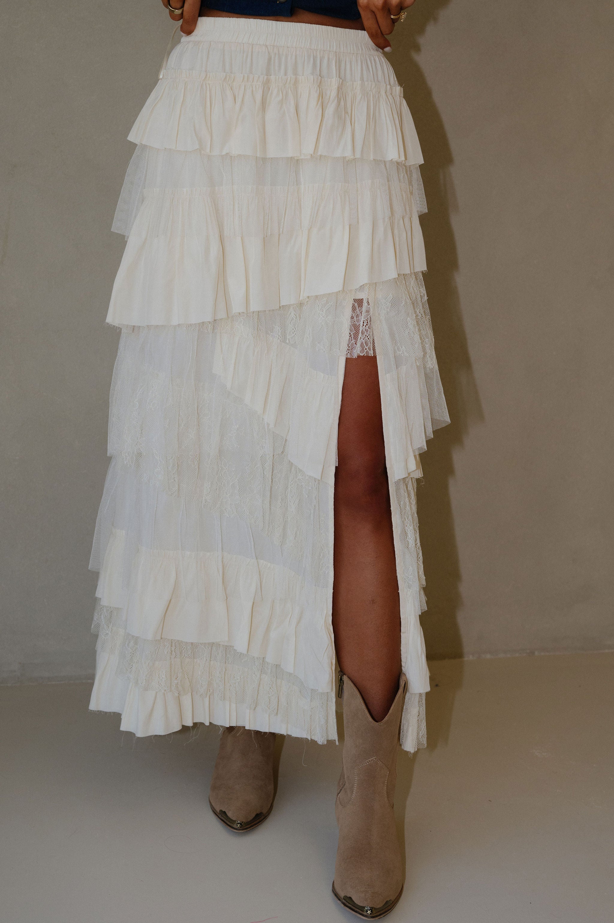 Lace Tiered Maxi Skirt-Ivory