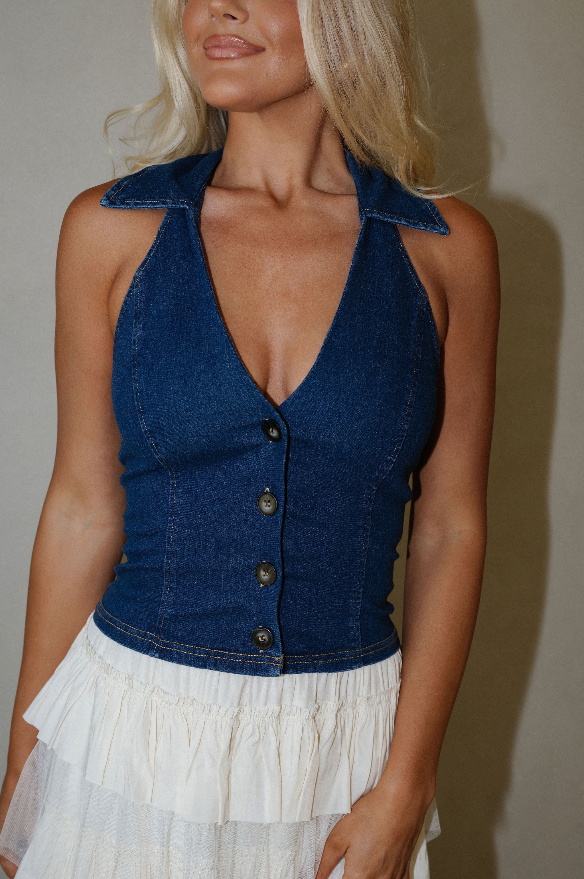 Margo Denim Halter Top-Dark Wash