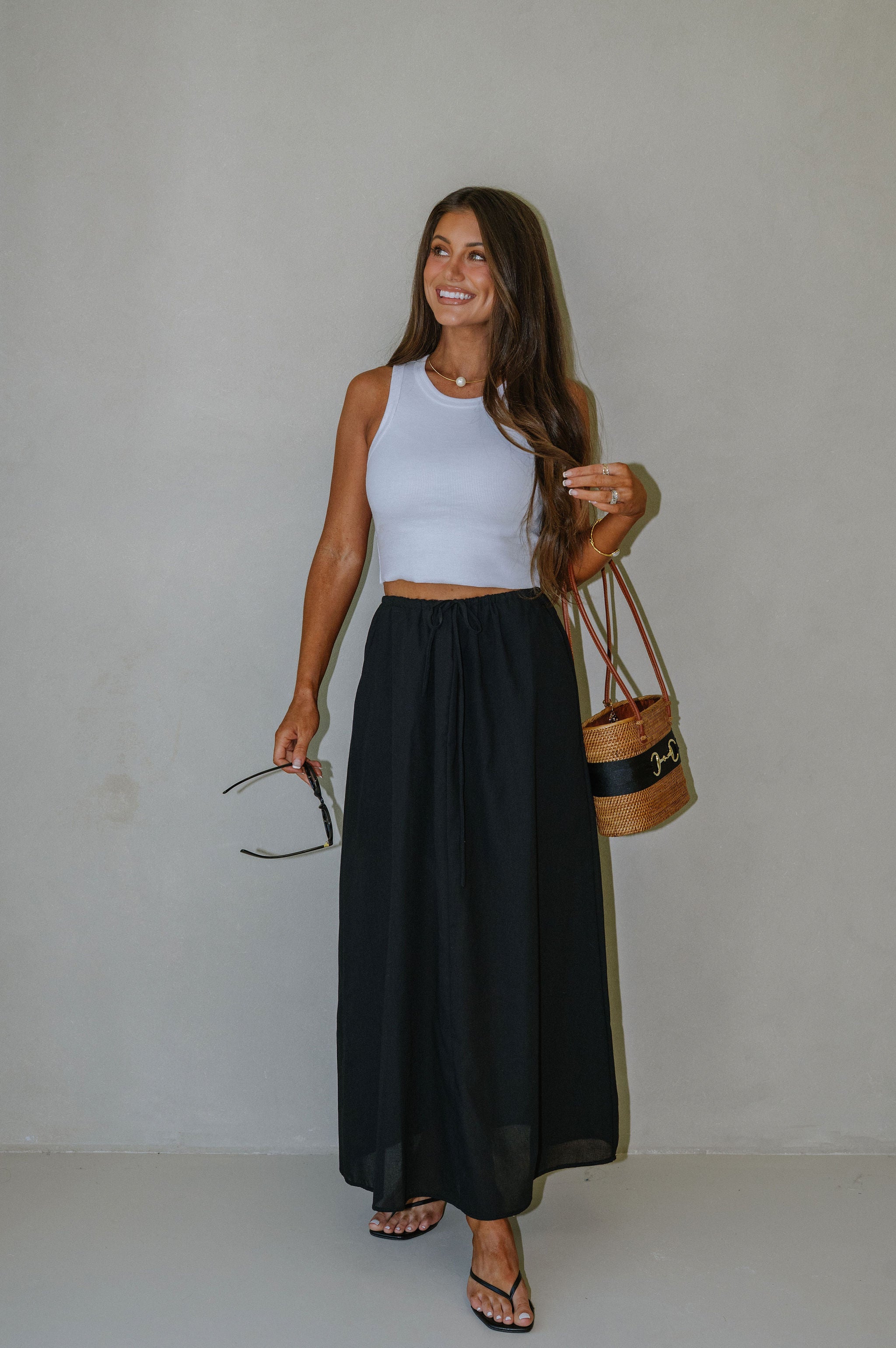 Drawstring Maxi Skirt-Black