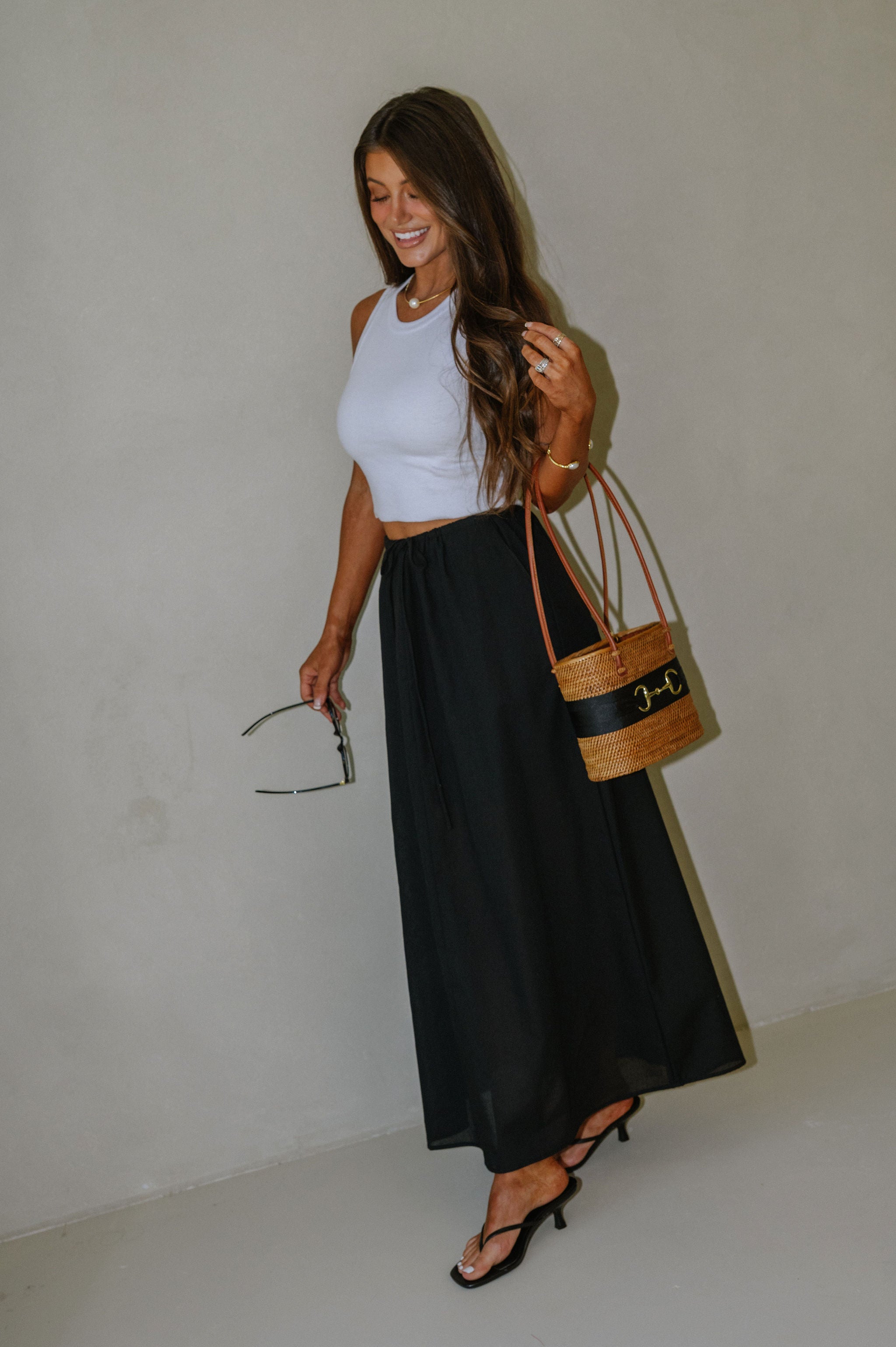 Drawstring Maxi Skirt-Black