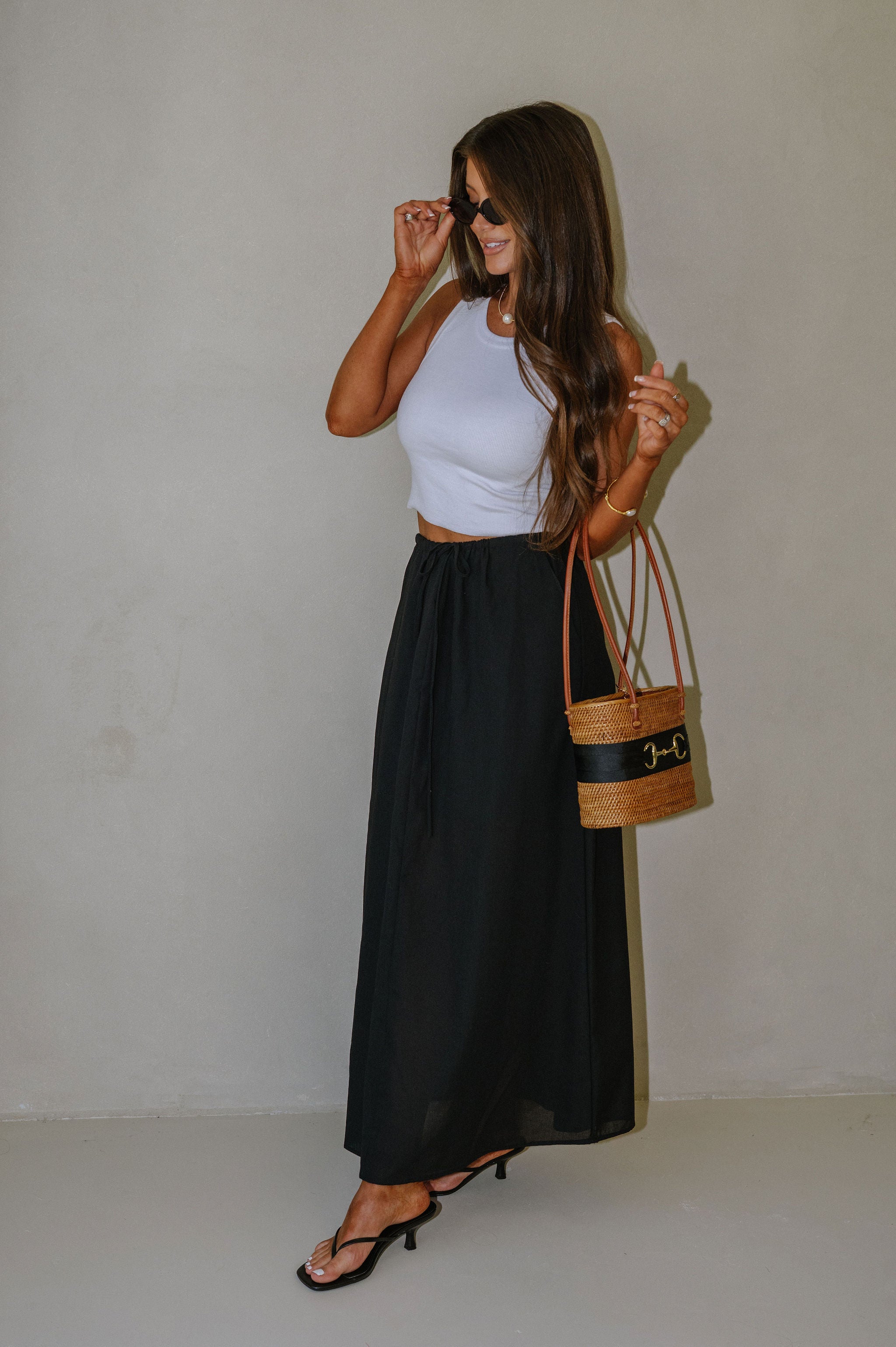 Drawstring Maxi Skirt-Black