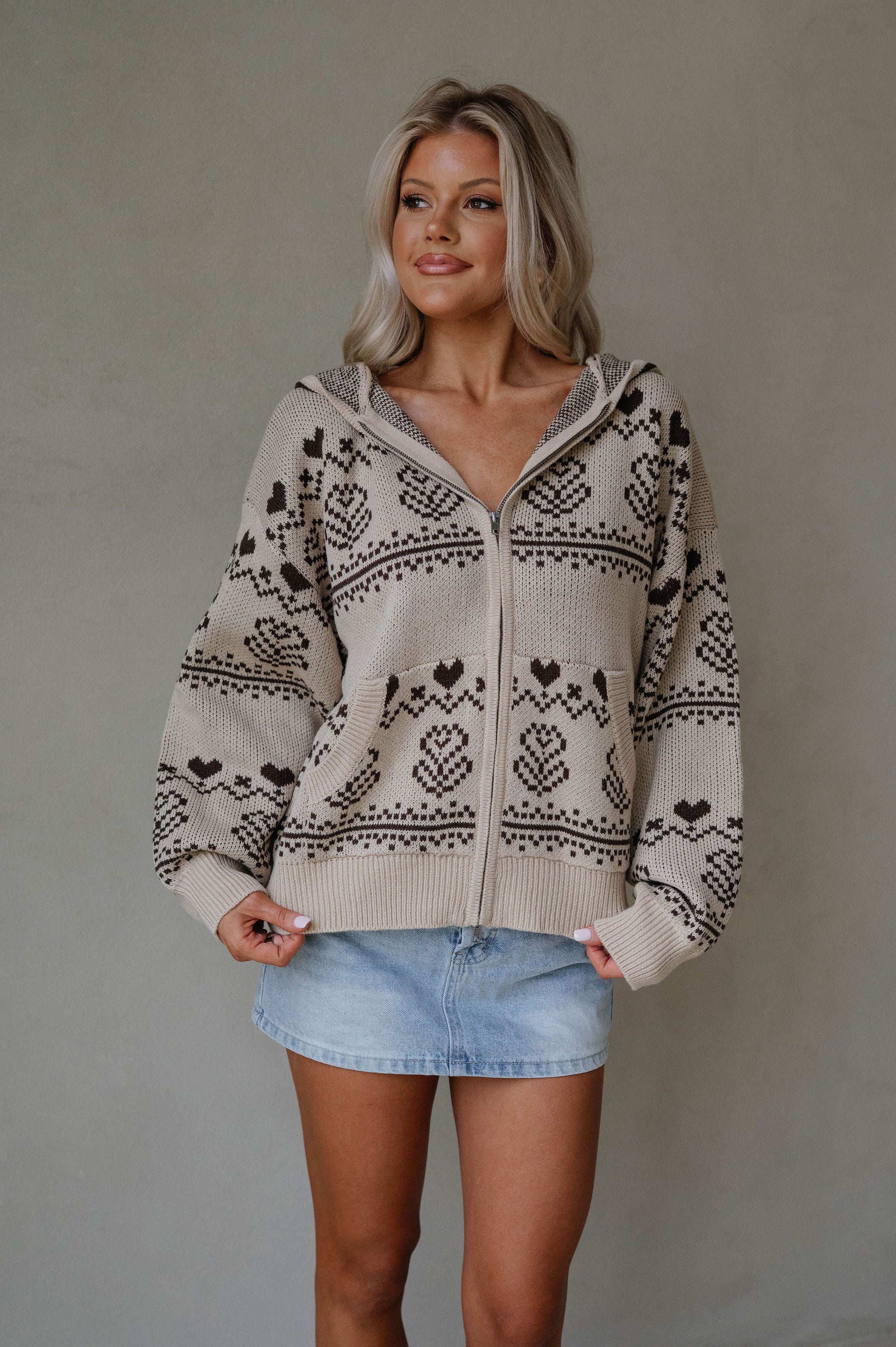 Nordic Jacquard Sweater Jacket-Taupe