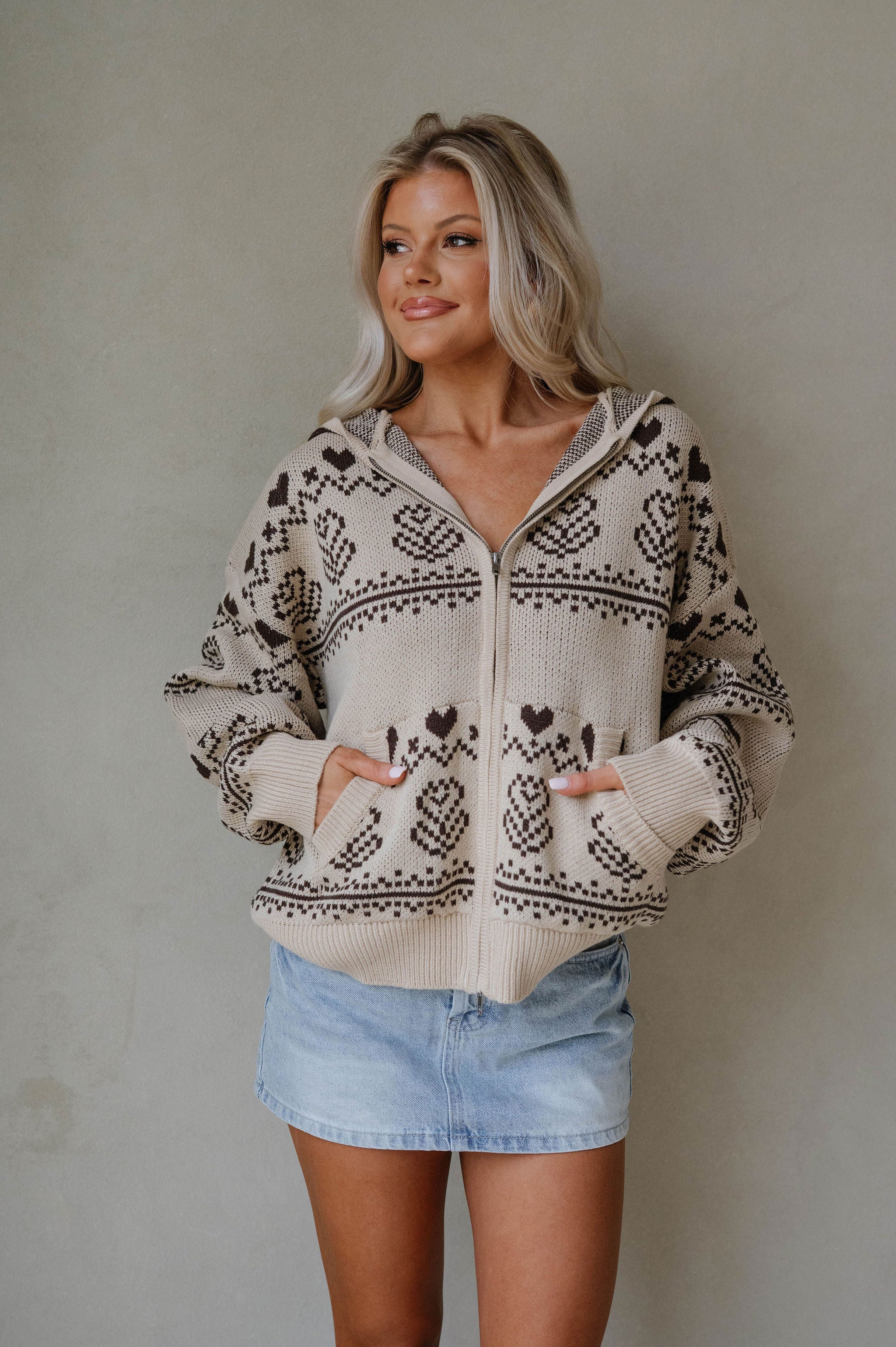 Nordic Jacquard Sweater Jacket-Taupe