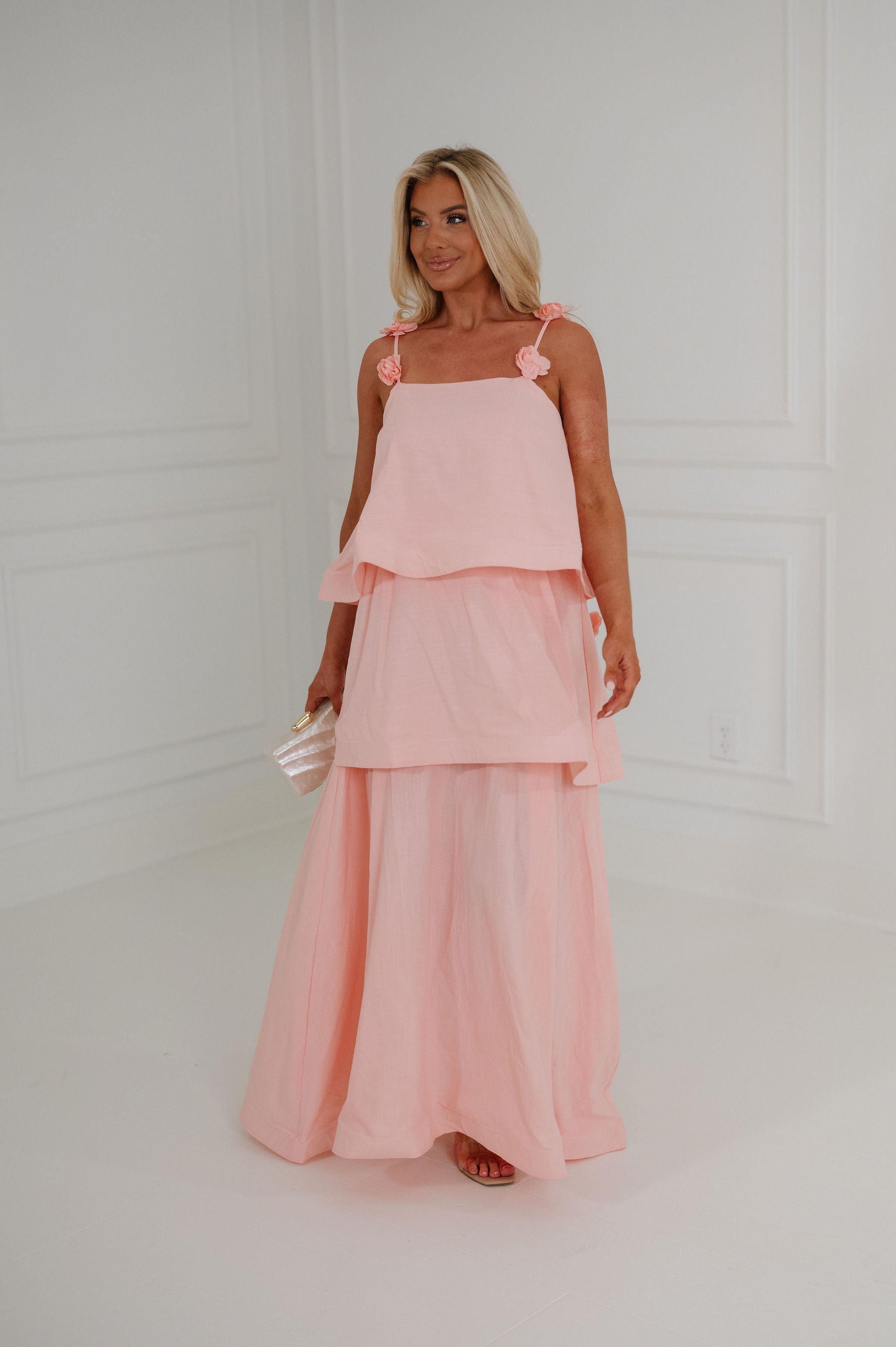 Lanie Tiered Midi Dress-Pink