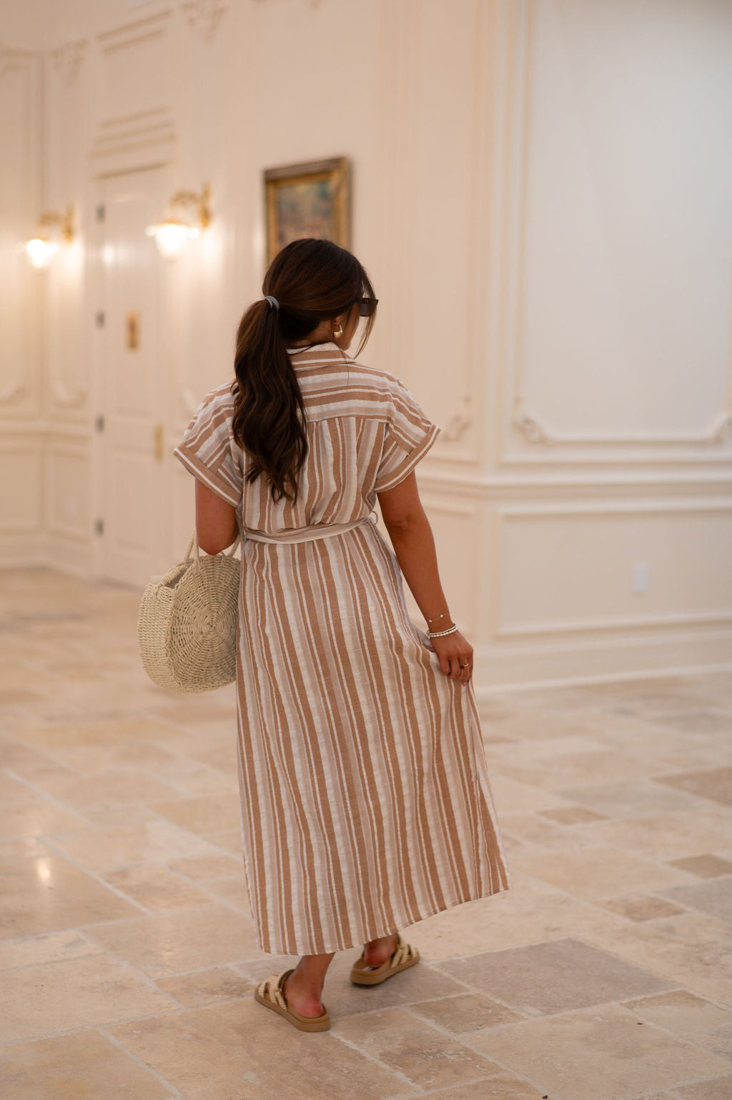 Jackie Belted Stripe Dress-Cream/Mocha