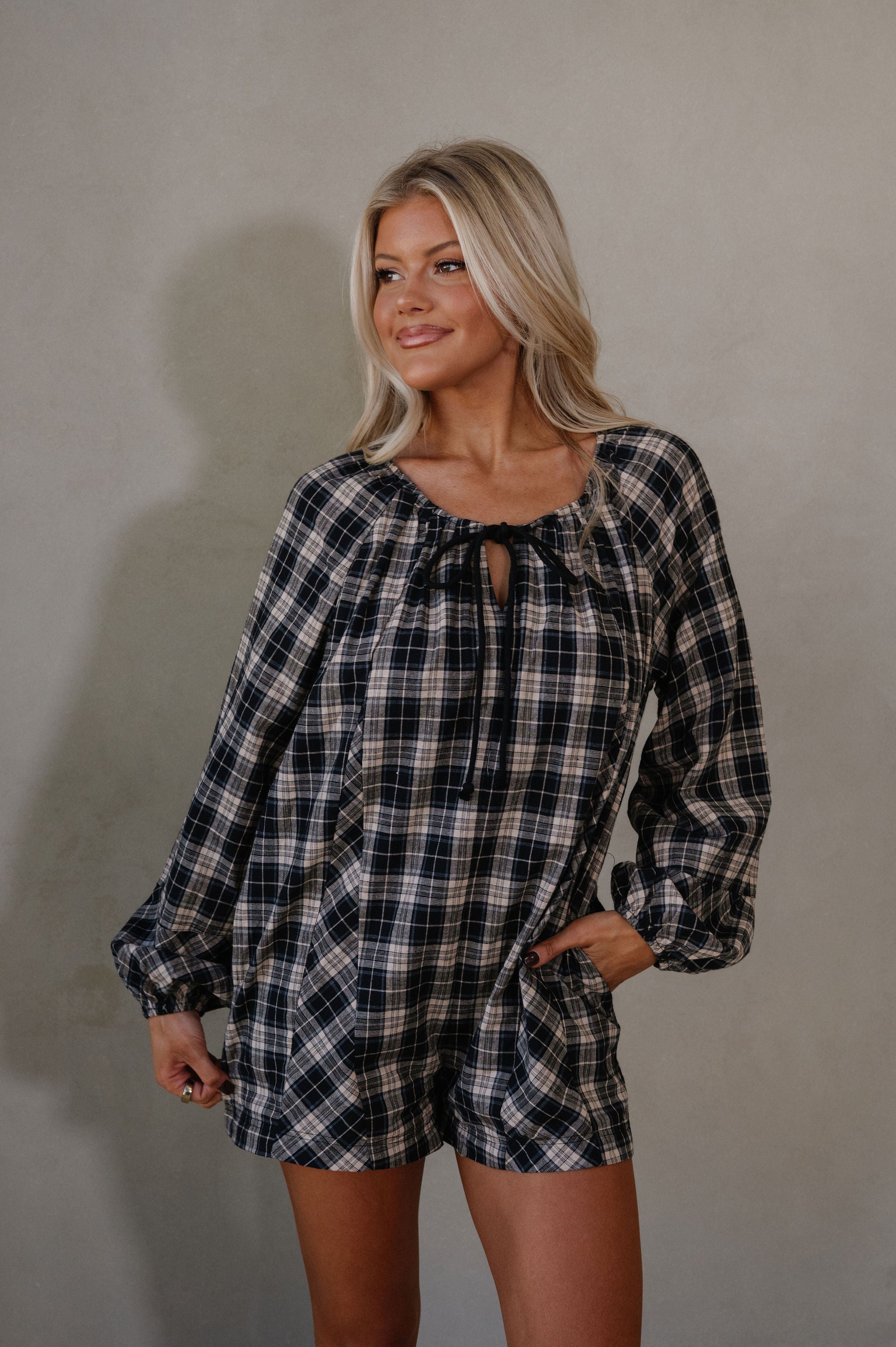 Plaid Flannel Romper-Black/Beige