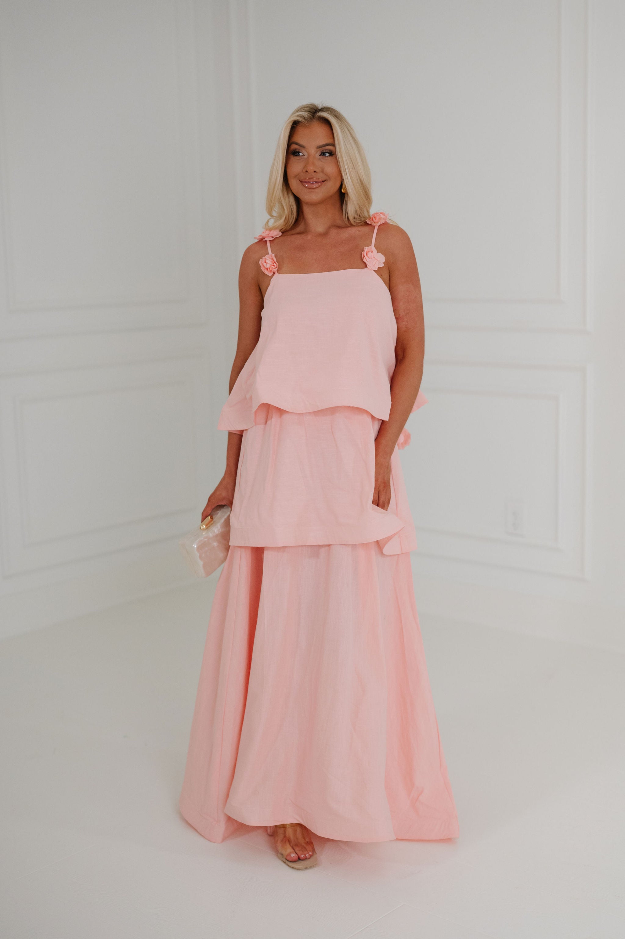 pink tiered midi dress Lanie Tiered Midi Dress-Pink S