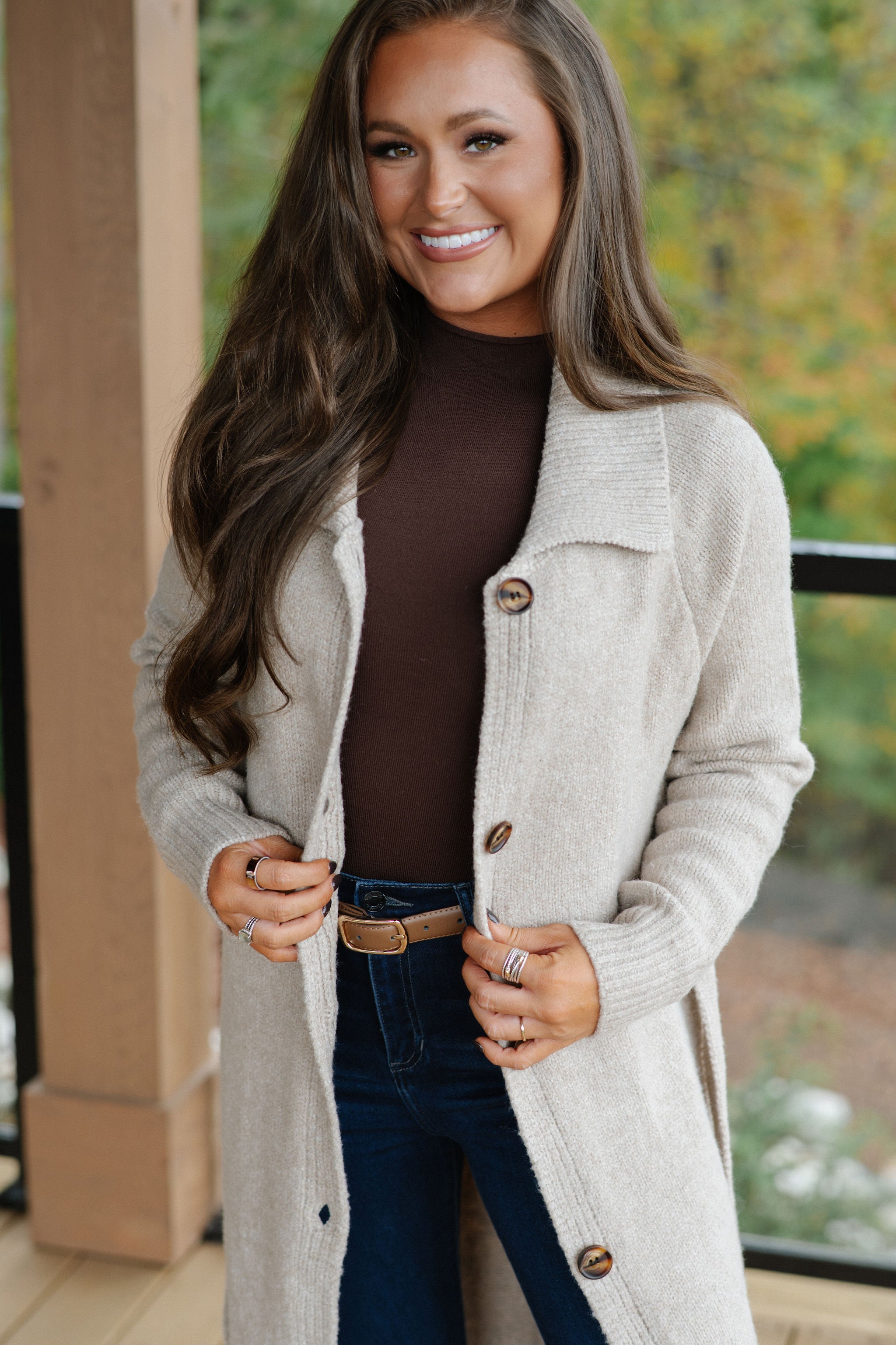 Perrin Knit Belted Long Cardigan-Oat