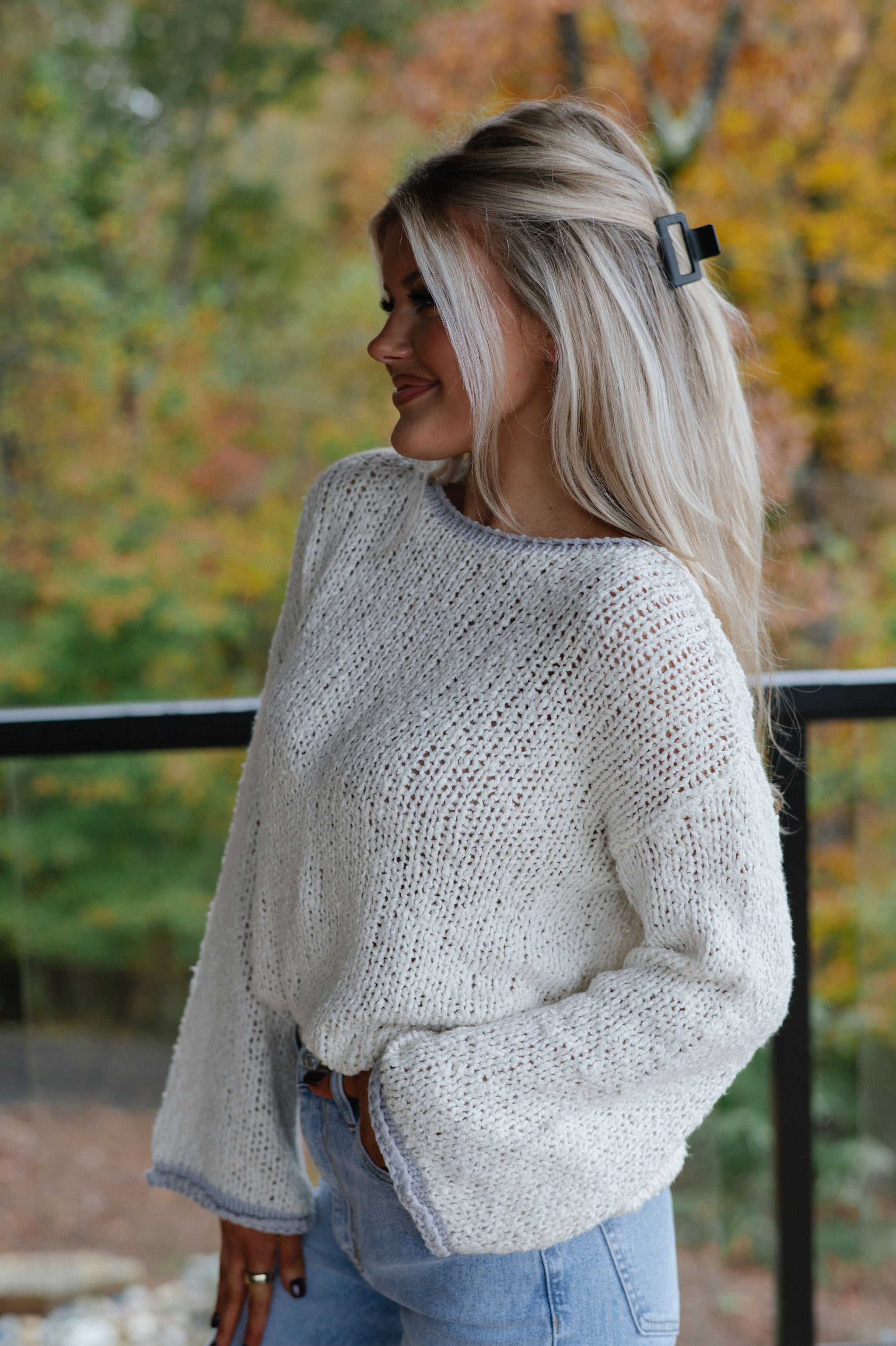 Hallie Popcorn Sweater-Ivory/Dusty Grey