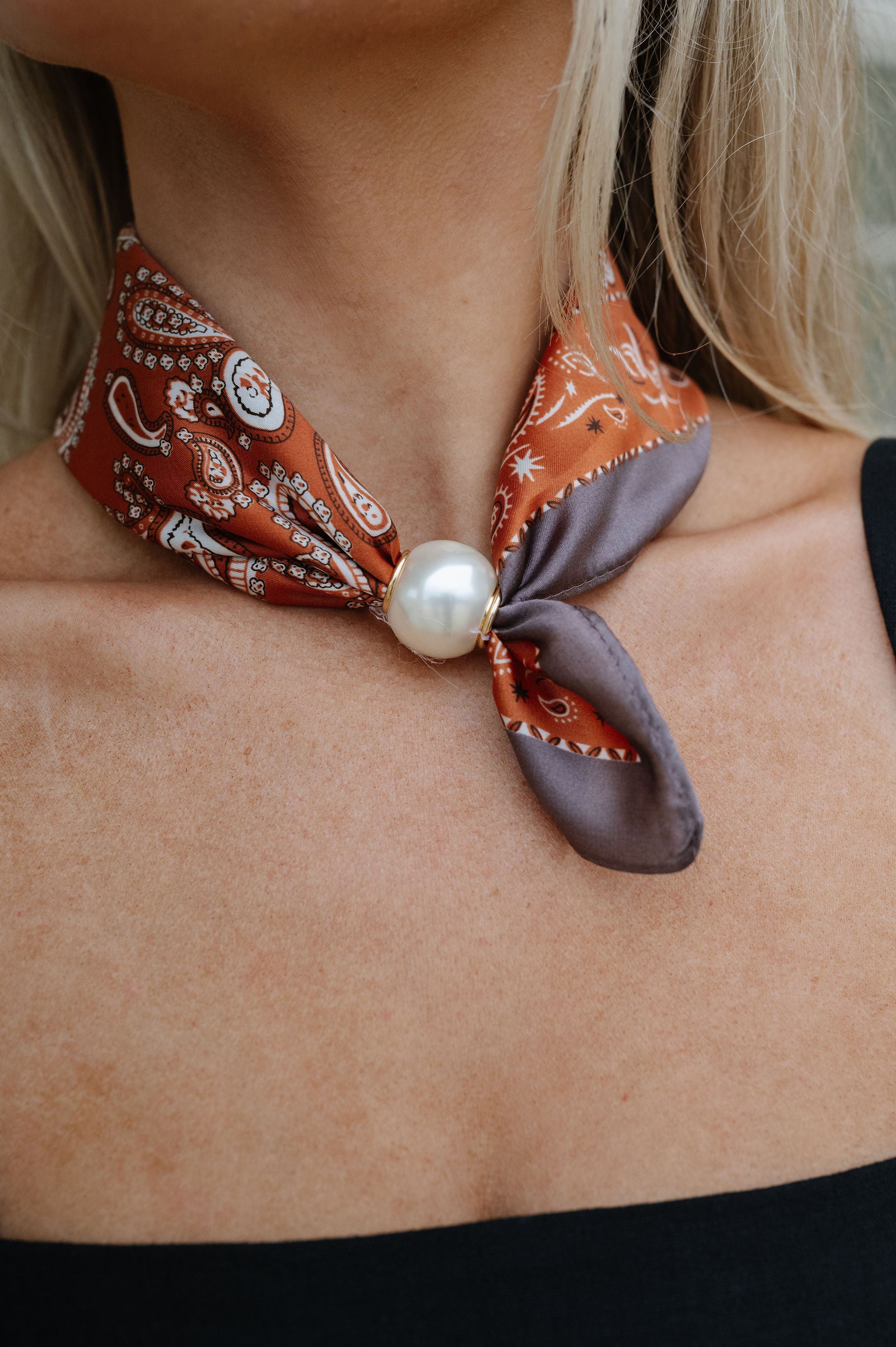 Pearl Magnetic Scarf Necklace- Paisley/Rust