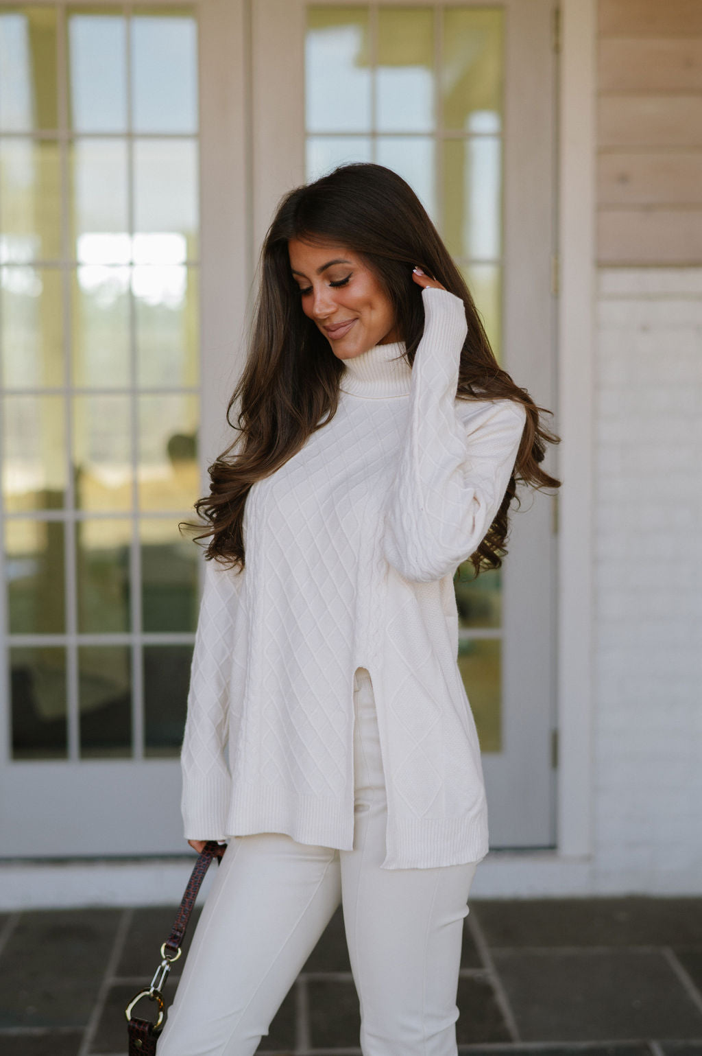 Split Hem Turtle Neck Sweater-Cream