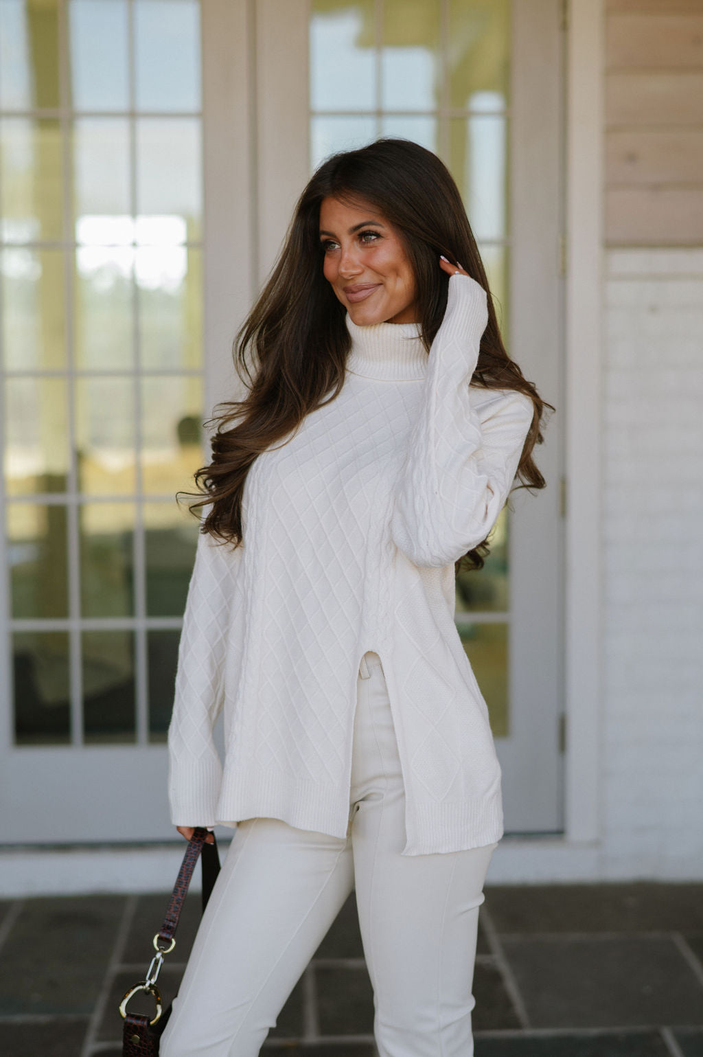 Split Hem Turtle Neck Sweater-Cream