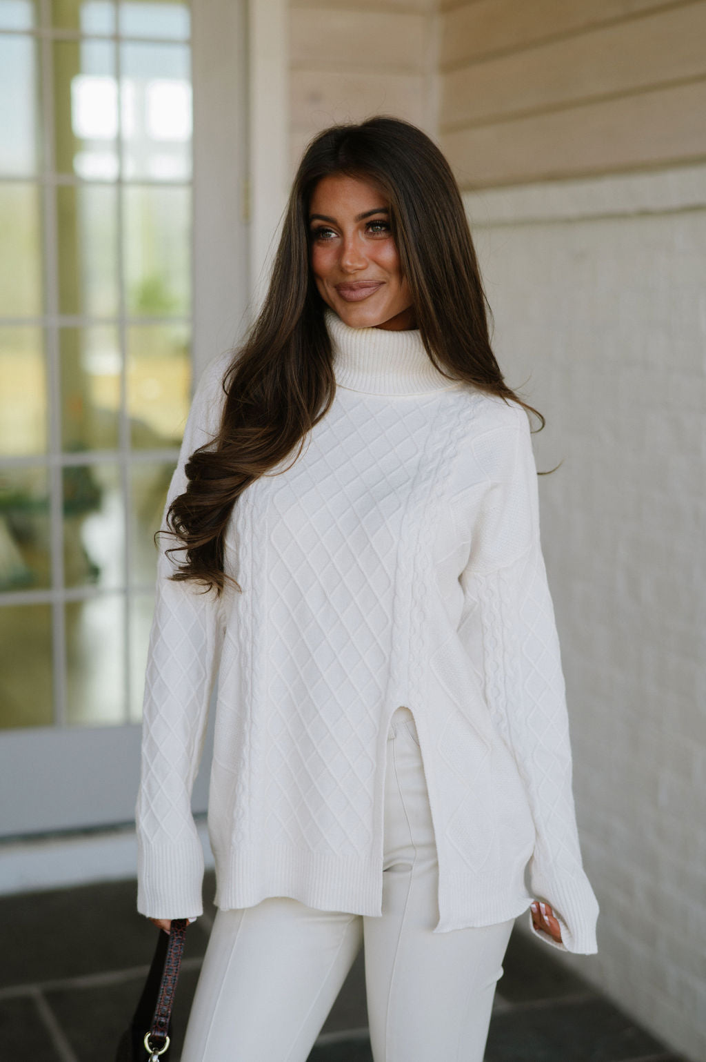 Split Hem Turtle Neck Sweater-Cream