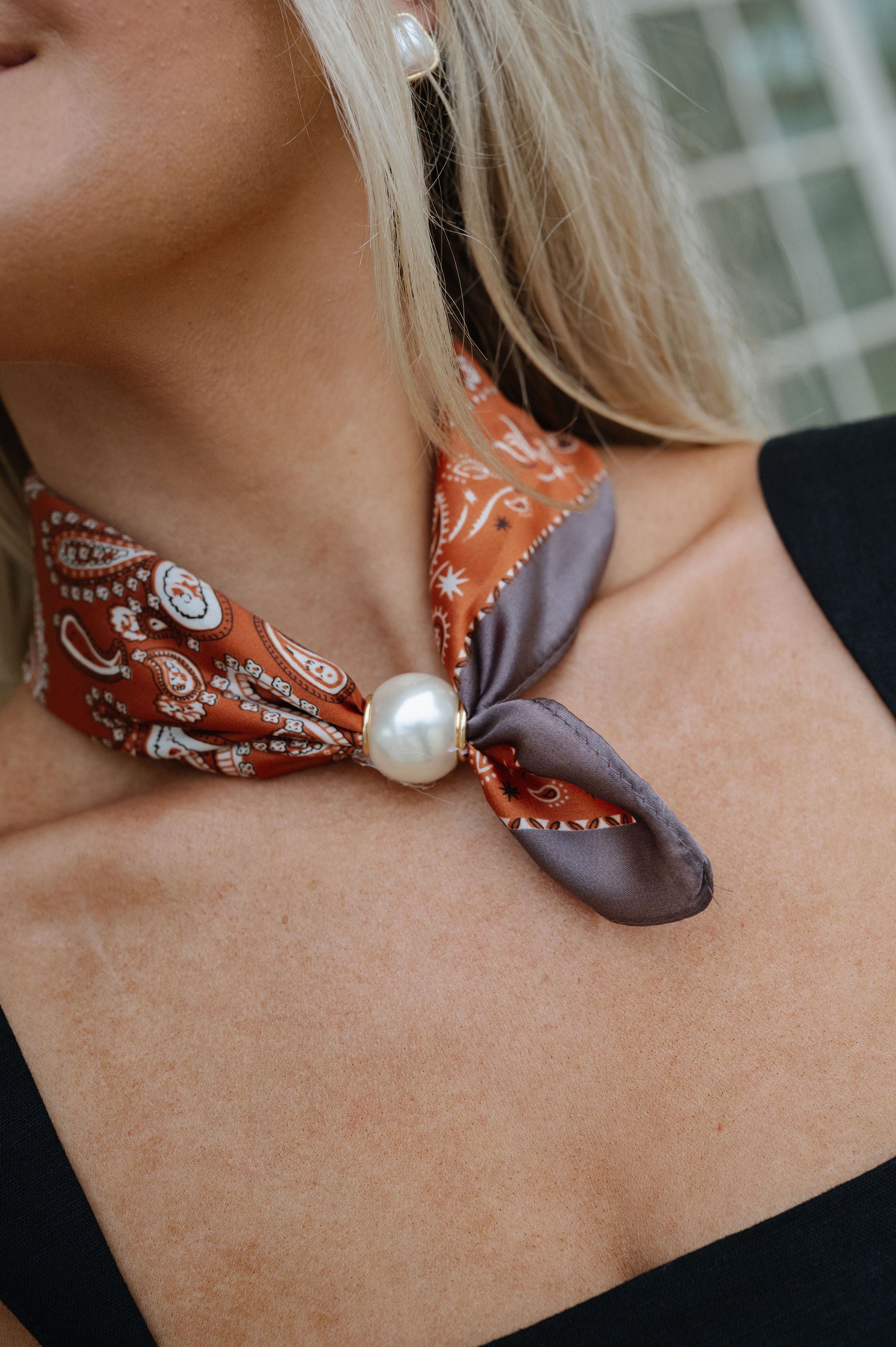 Pearl Magnetic Scarf Necklace- Paisley/Rust