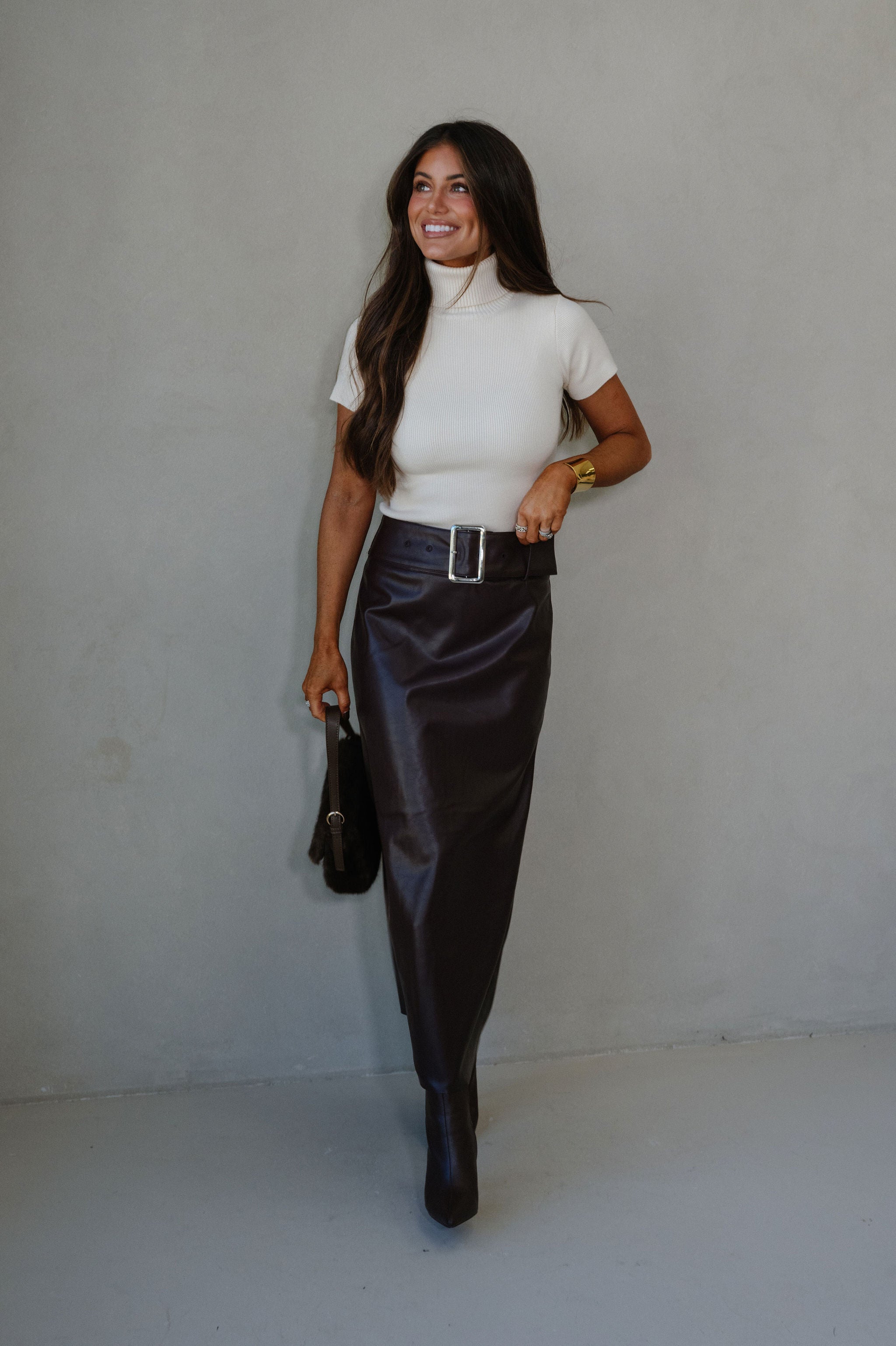 Buckle Waist Back Slit Skirt-Dark Oak