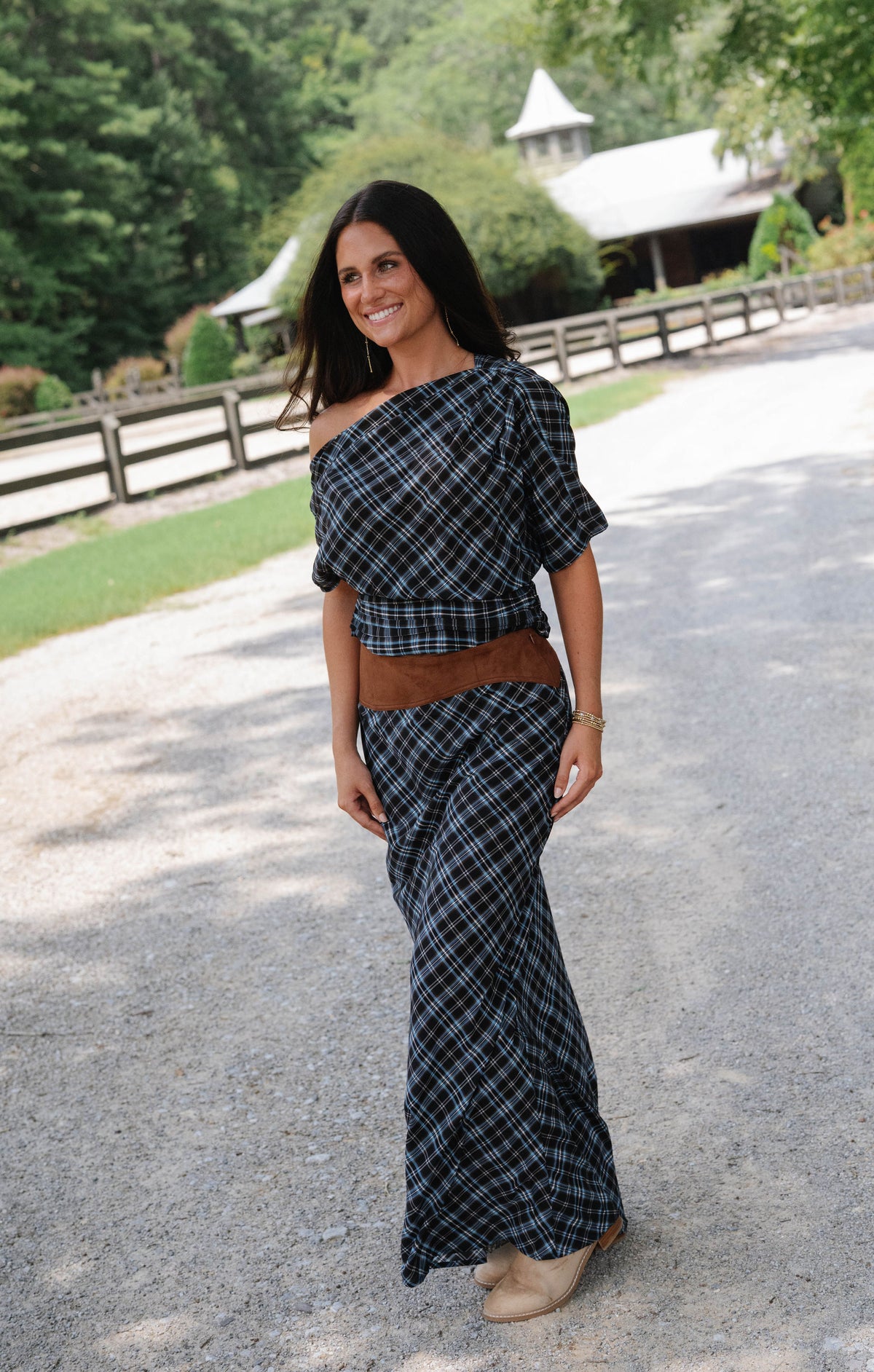 Plaid Asymmetrical Skirt Set-Blue Combo
