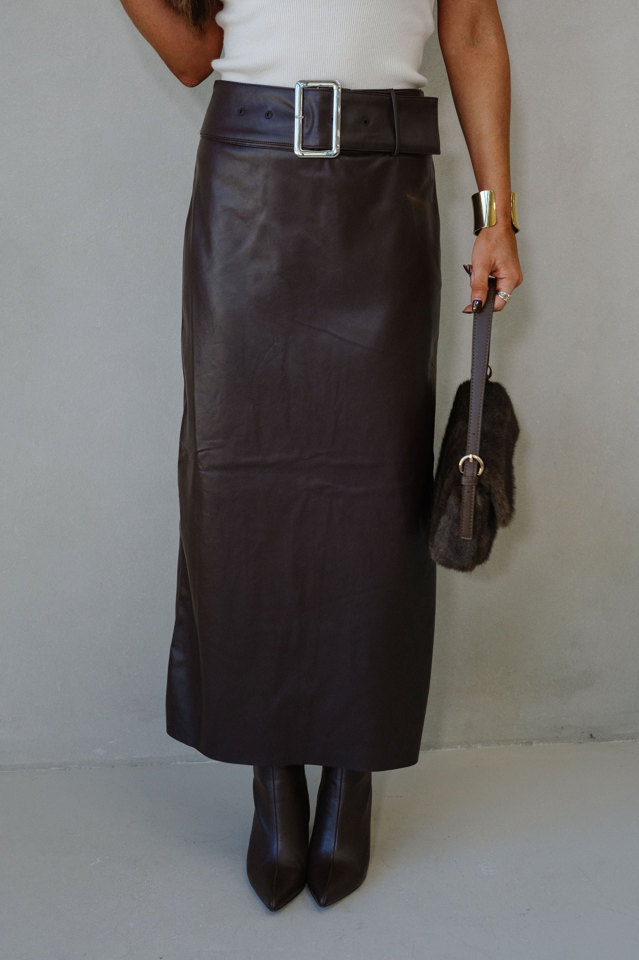 Buckle Waist Back Slit Skirt-Dark Oak