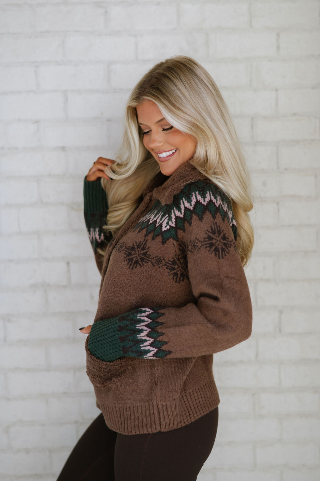 Doorbuster! Jacquard Sweater Jacket-Brown