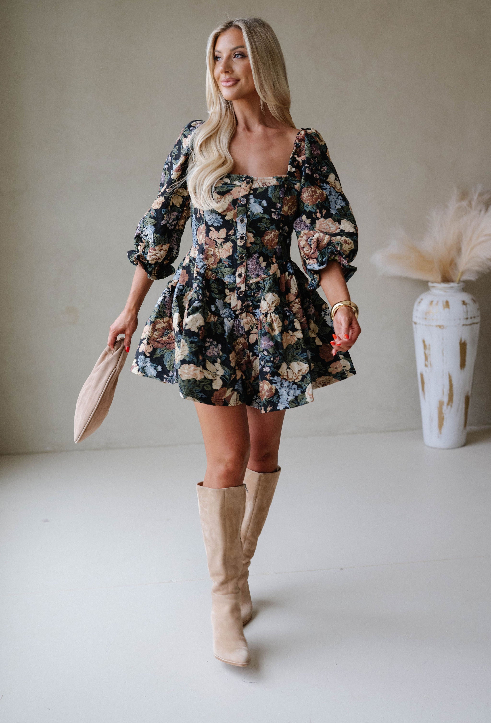 Floral Tapestry Tiered Ruffle Romper-Black