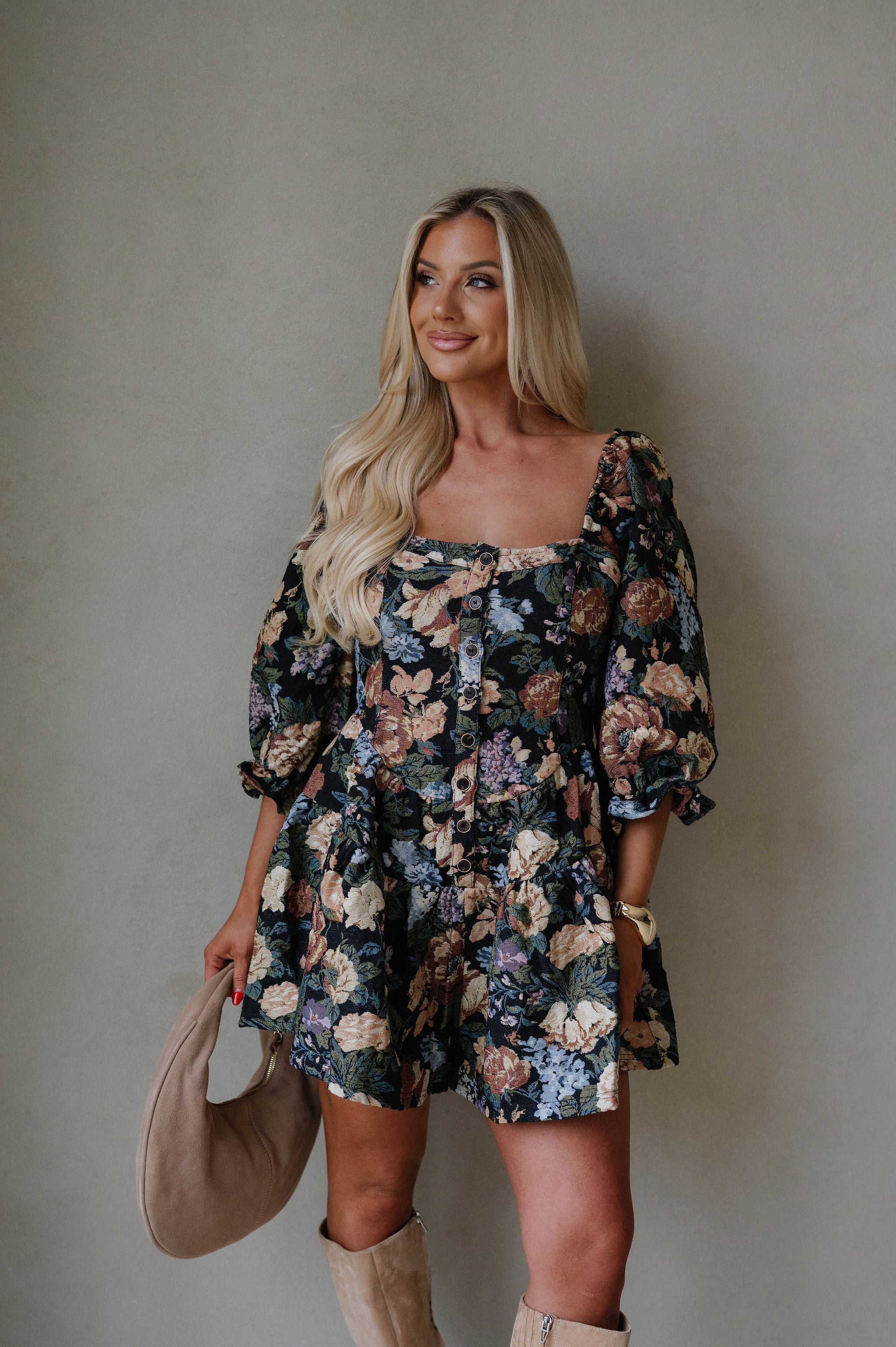 Floral Tapestry Tiered Ruffle Romper-Black