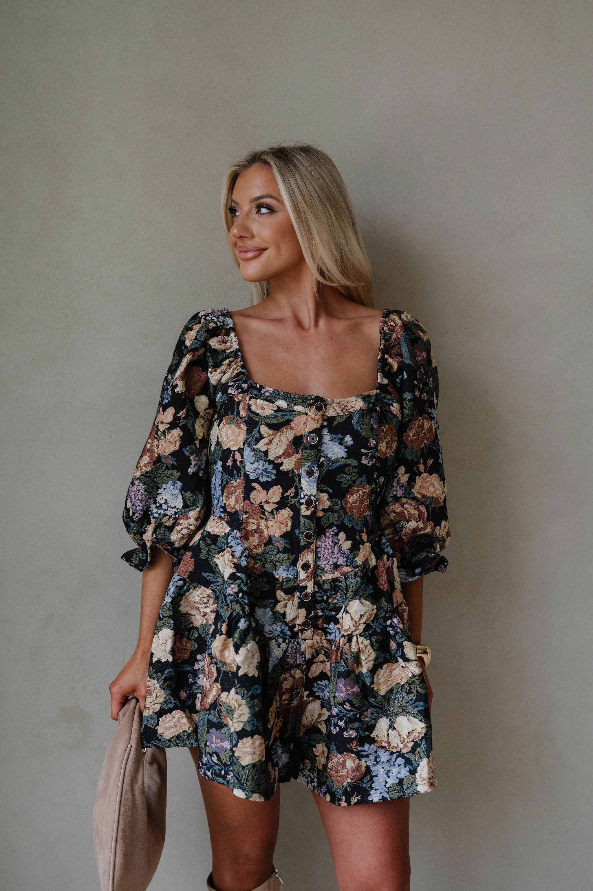 Floral Tapestry Tiered Ruffle Romper-Black