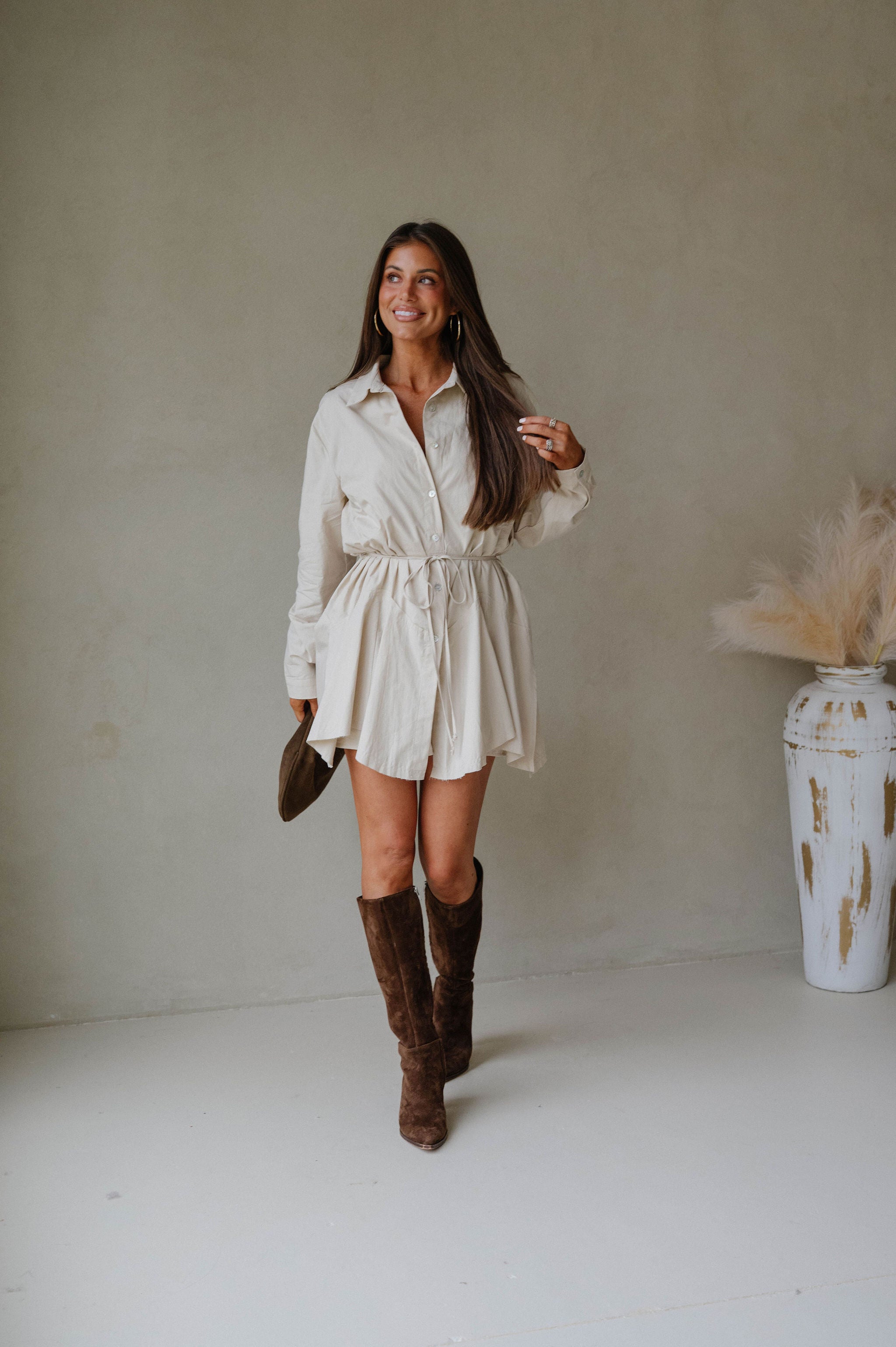 Belted Handkerchief Shirt Romper-Oatmeal