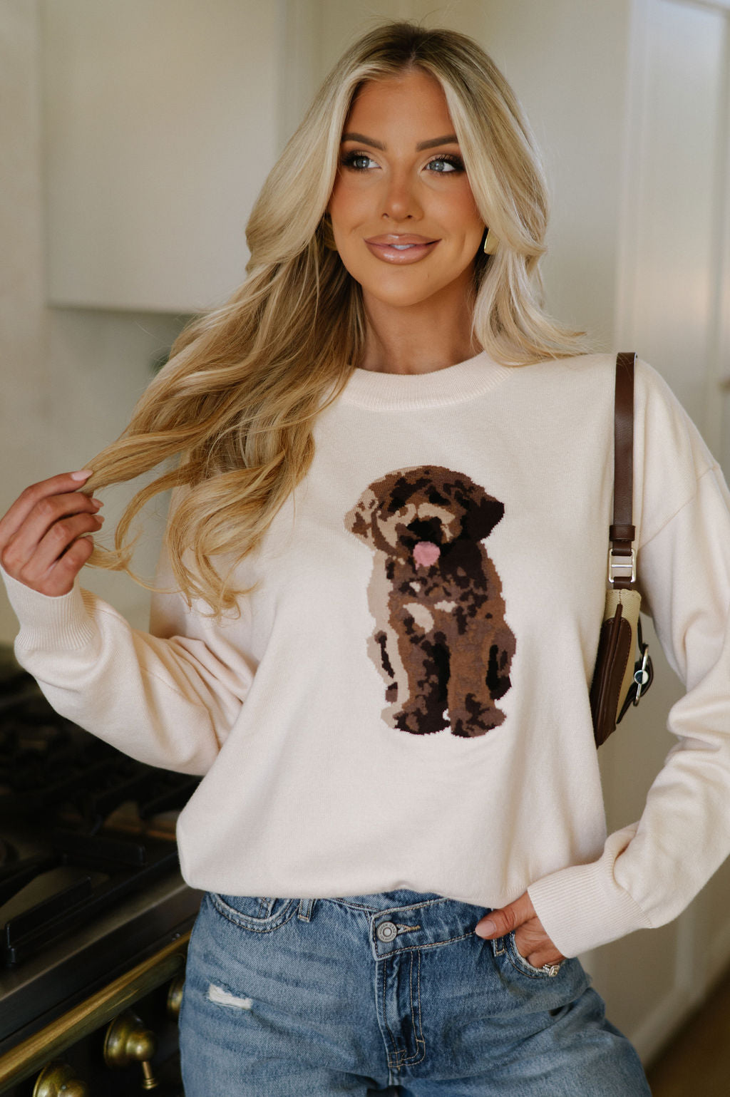 Crew Neck Puppy Sweater-Cream