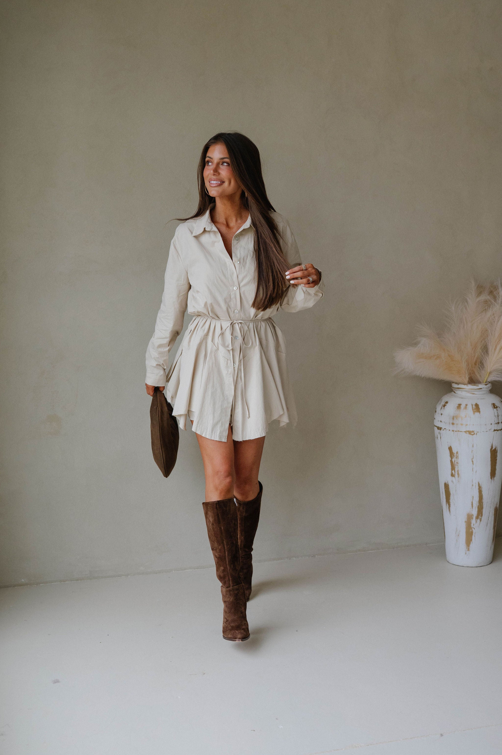 Belted Handkerchief Shirt Romper-Oatmeal