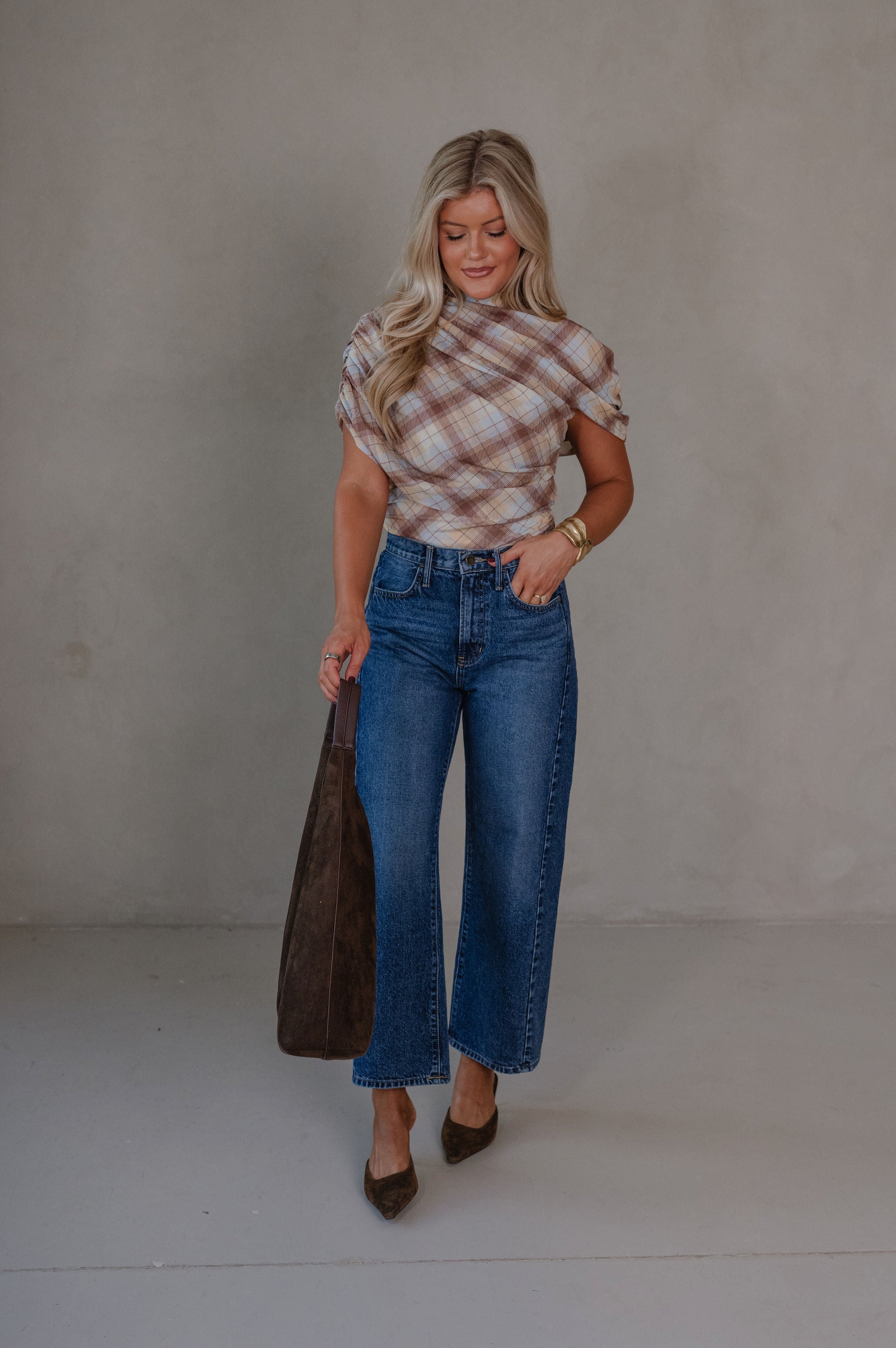 Cara Plaid Ruched Top-Yellow Multi