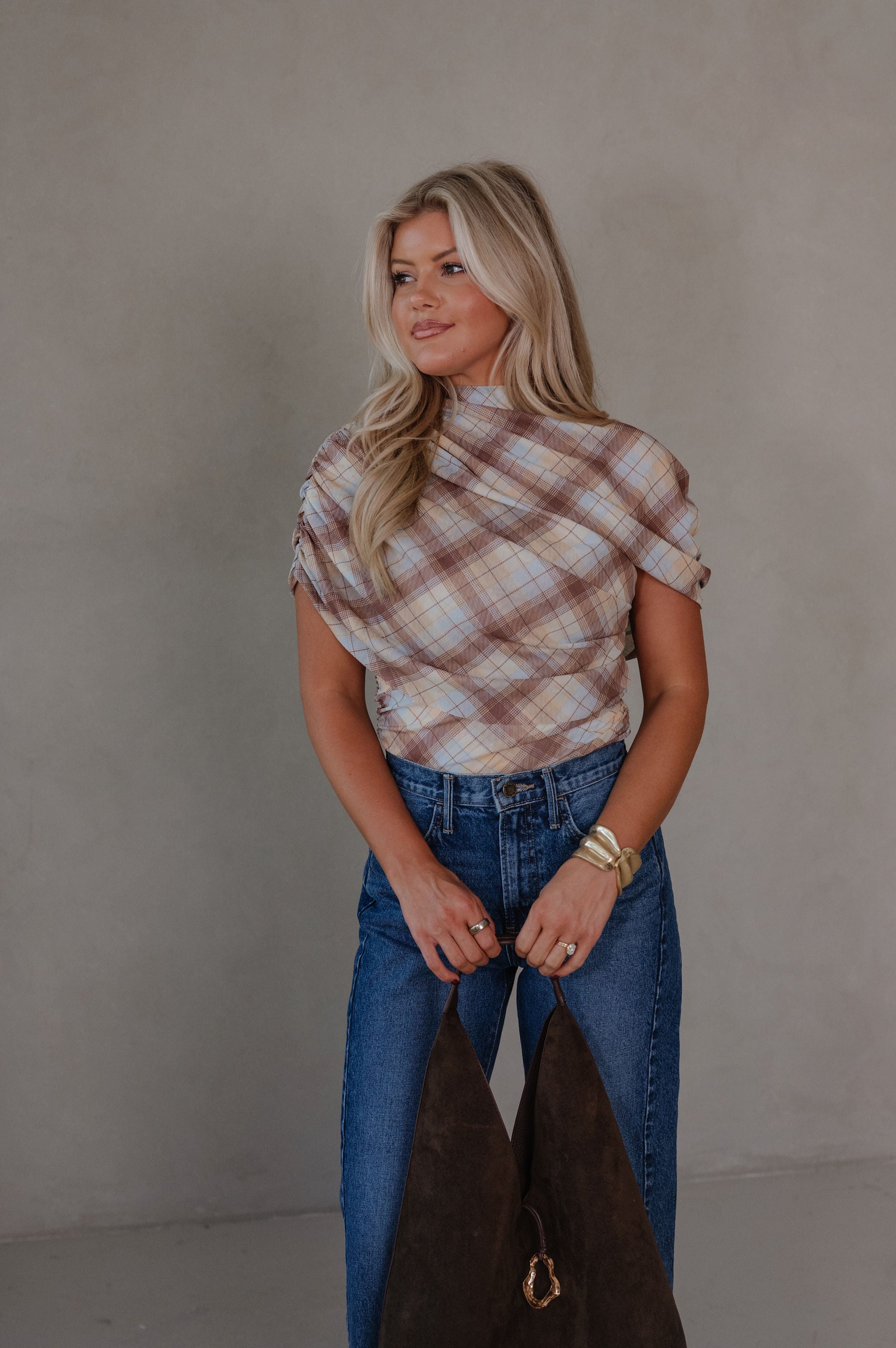 Cara Plaid Ruched Top-Yellow Multi