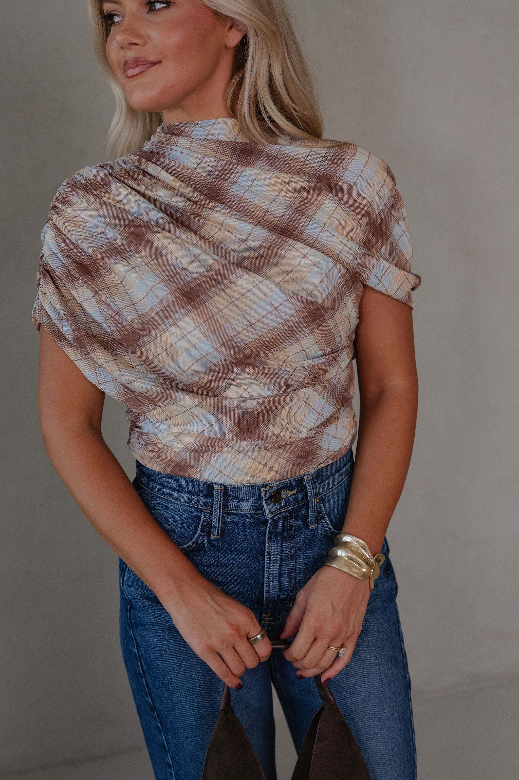 Cara Plaid Ruched Top-Yellow Multi