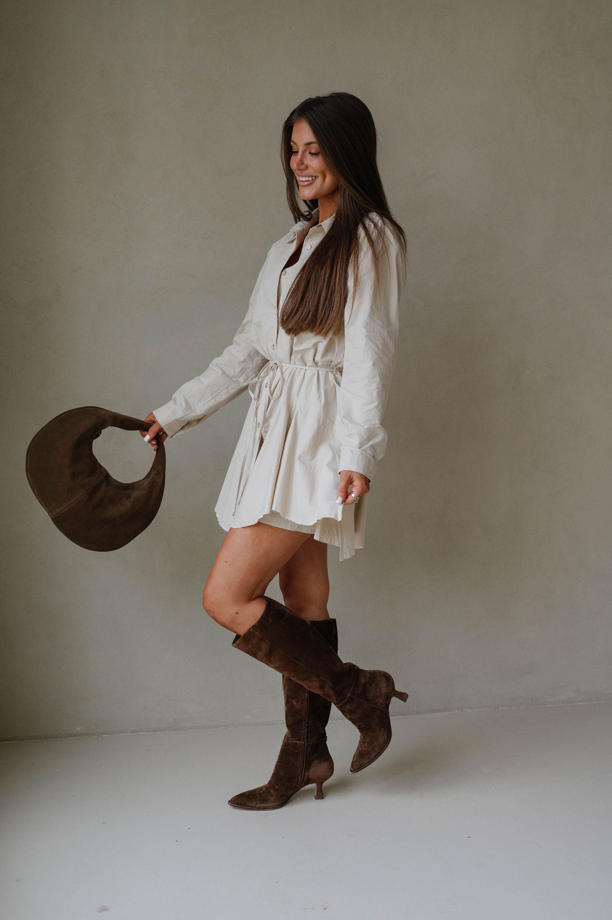 Belted Handkerchief Shirt Romper-Oatmeal