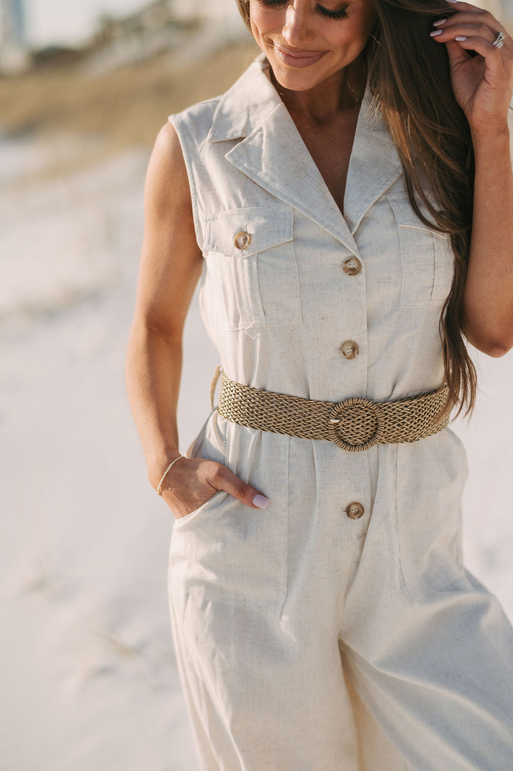 Button Up Pocketed Jumpsuit- Oatmeal