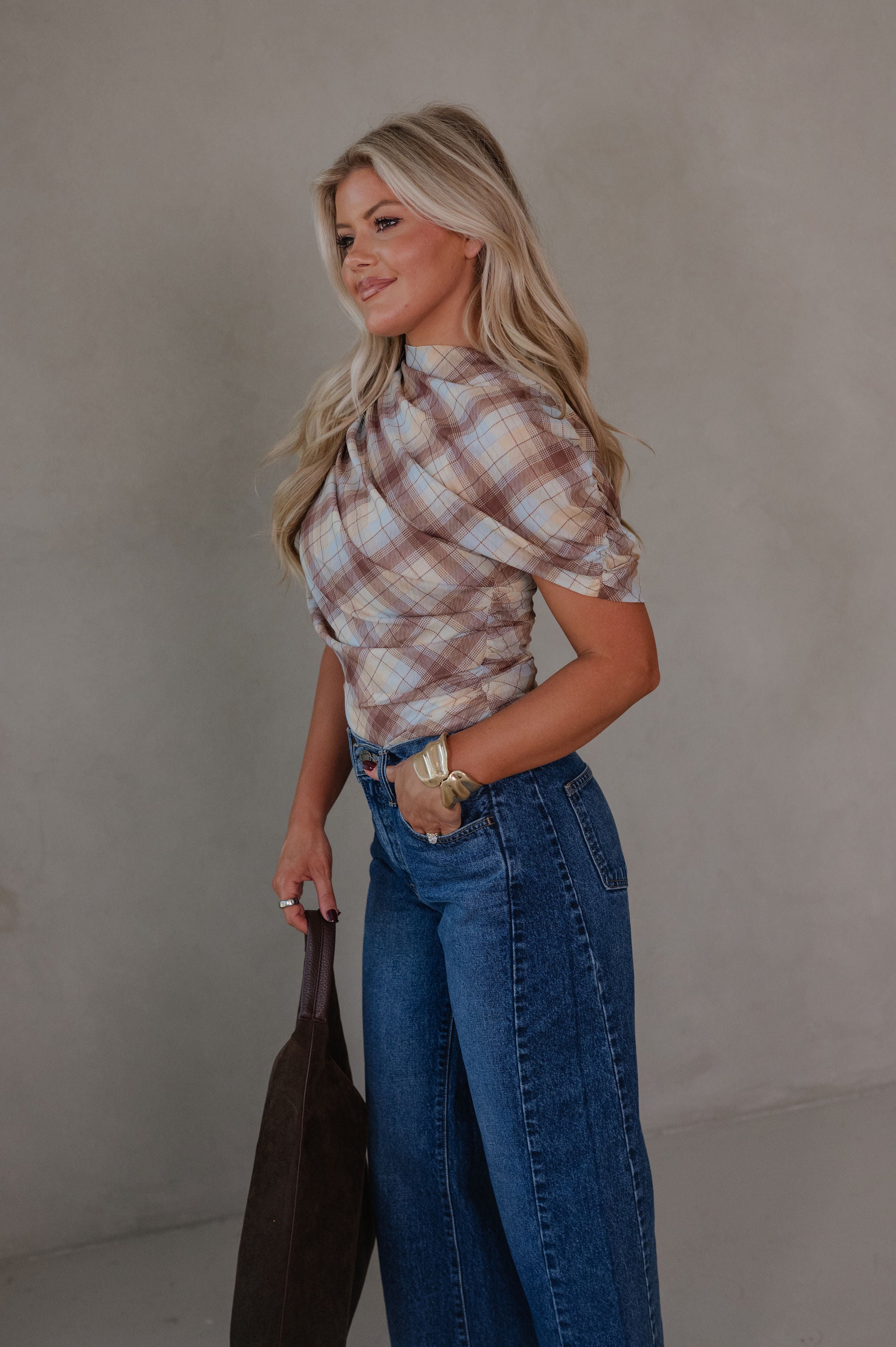 Cara Plaid Ruched Top-Yellow Multi