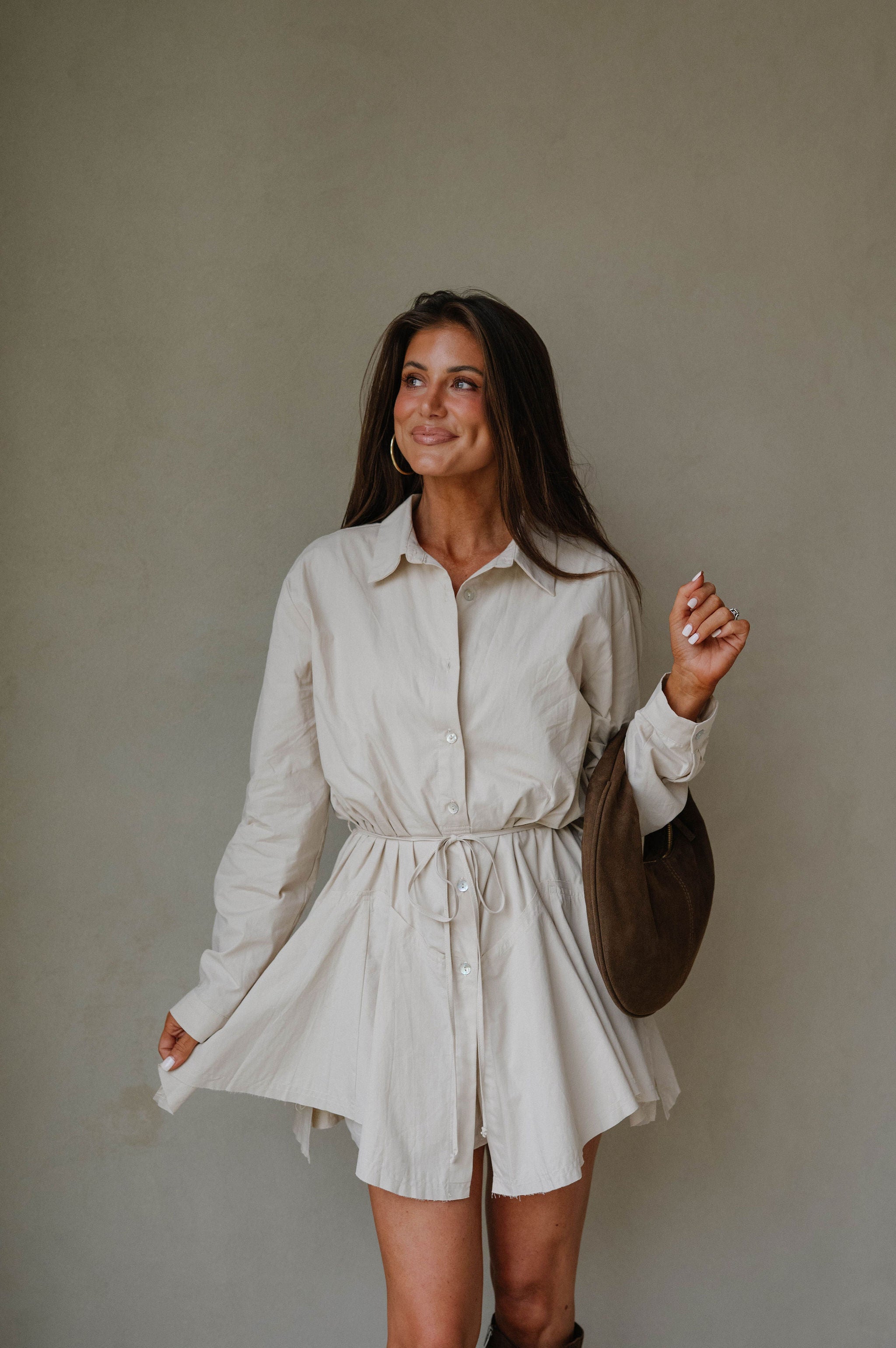 Belted Handkerchief Shirt Romper-Oatmeal