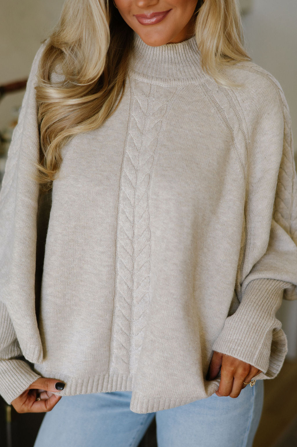 Cable Knit Poncho-Taupe