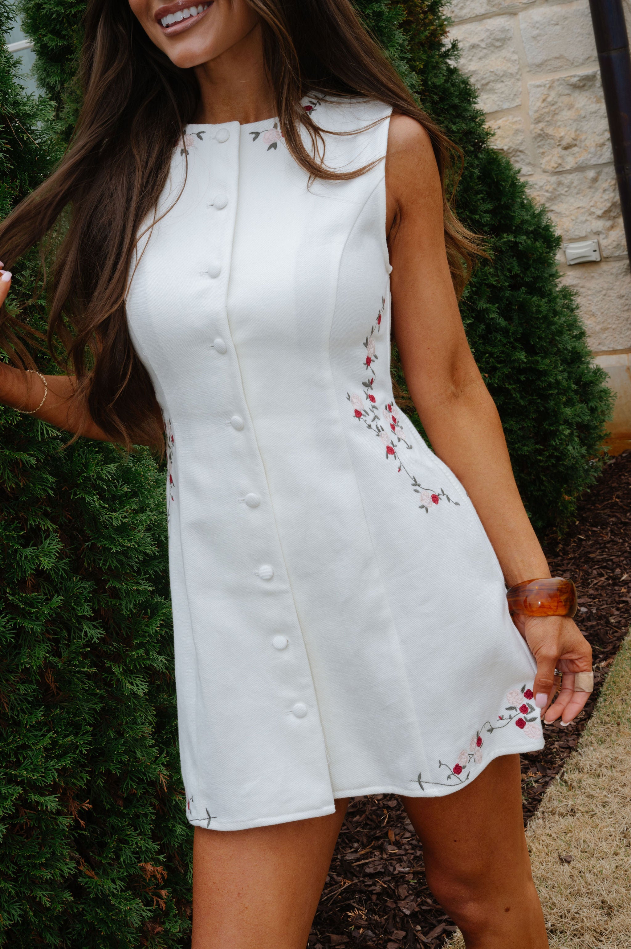 Jeanine Embroidered Floral Mini Dress-Off White