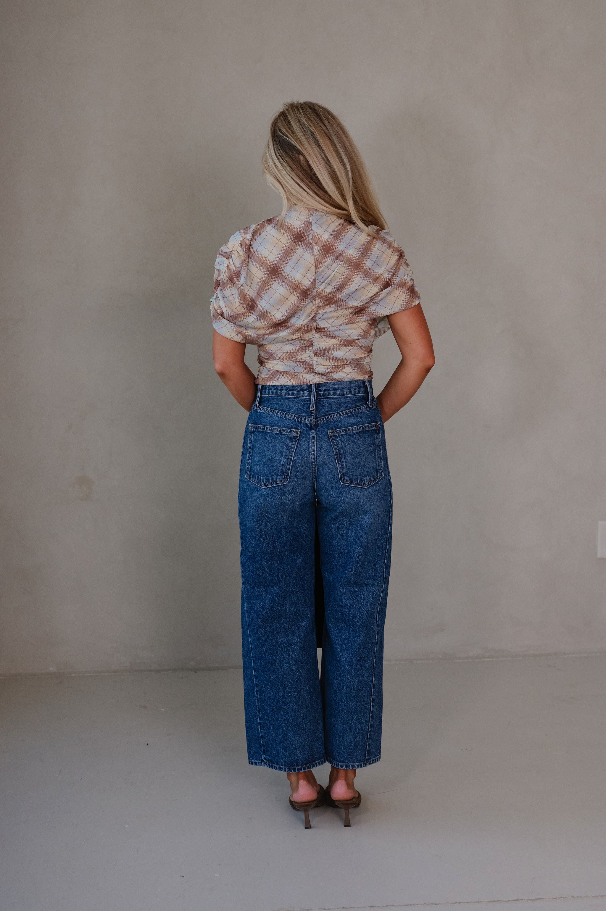 Cara Plaid Ruched Top-Yellow Multi