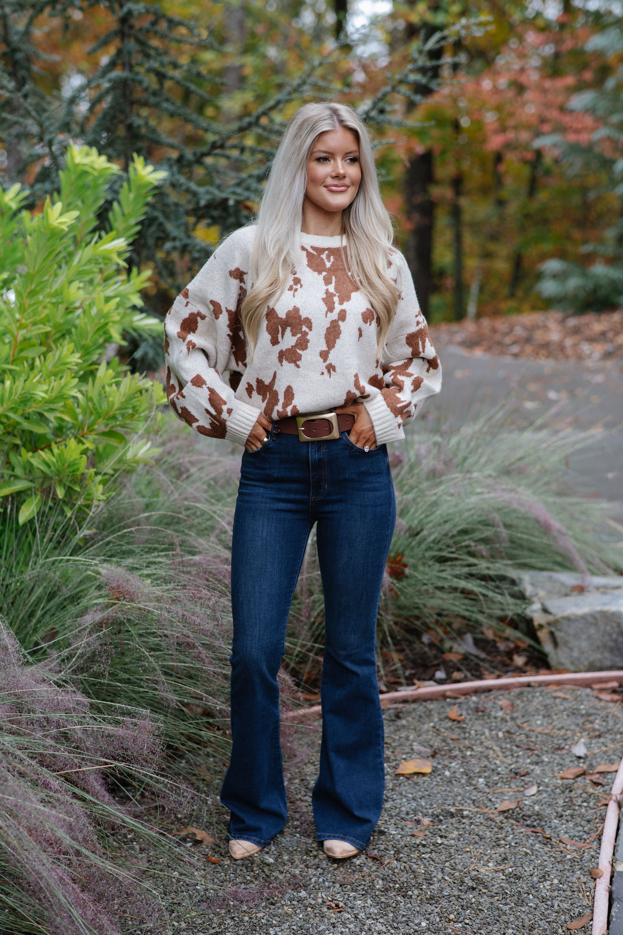 Chic Cow Print Sweater-Natural Camel