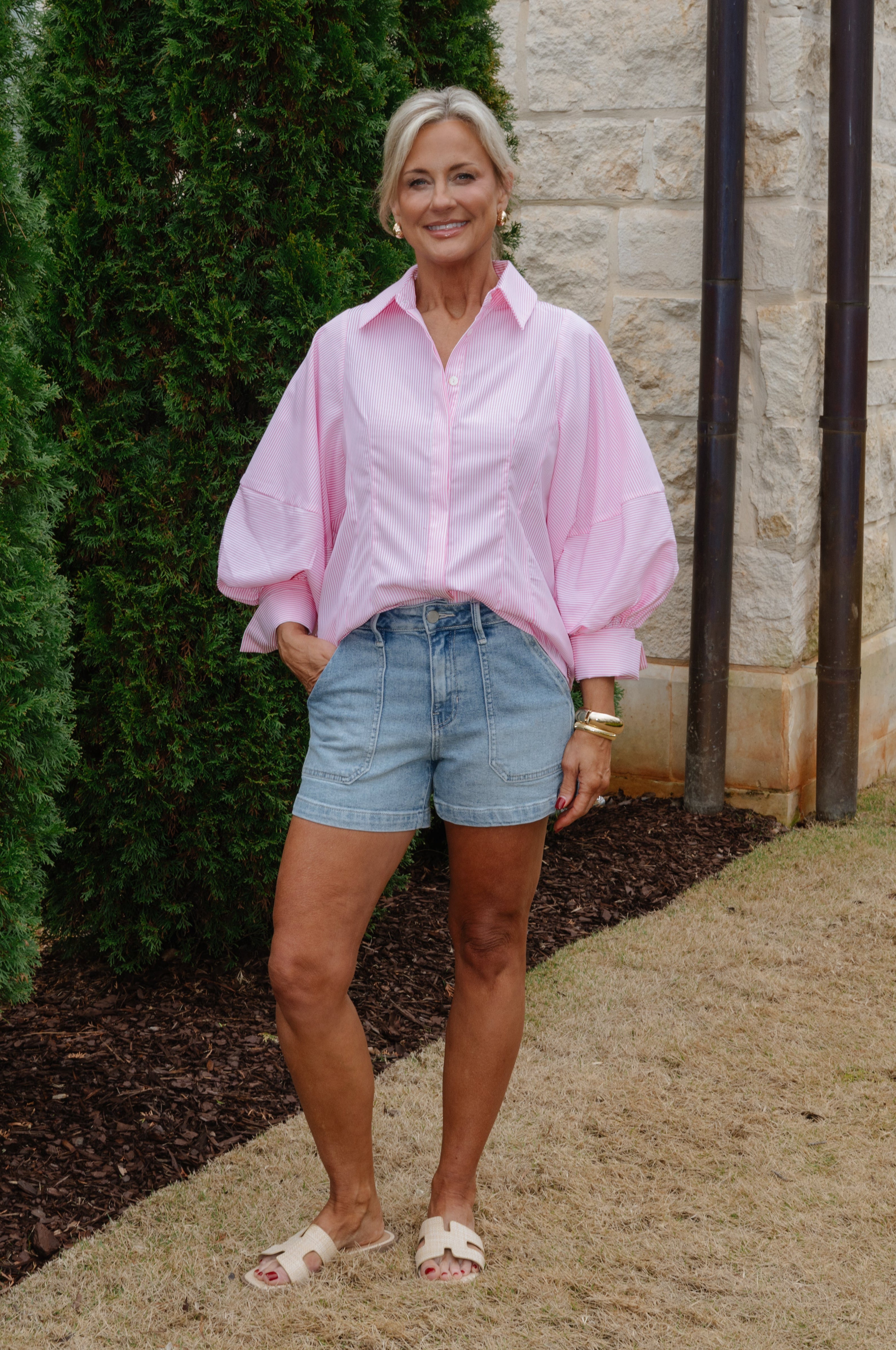 Laurie Striped Button Down-Pink