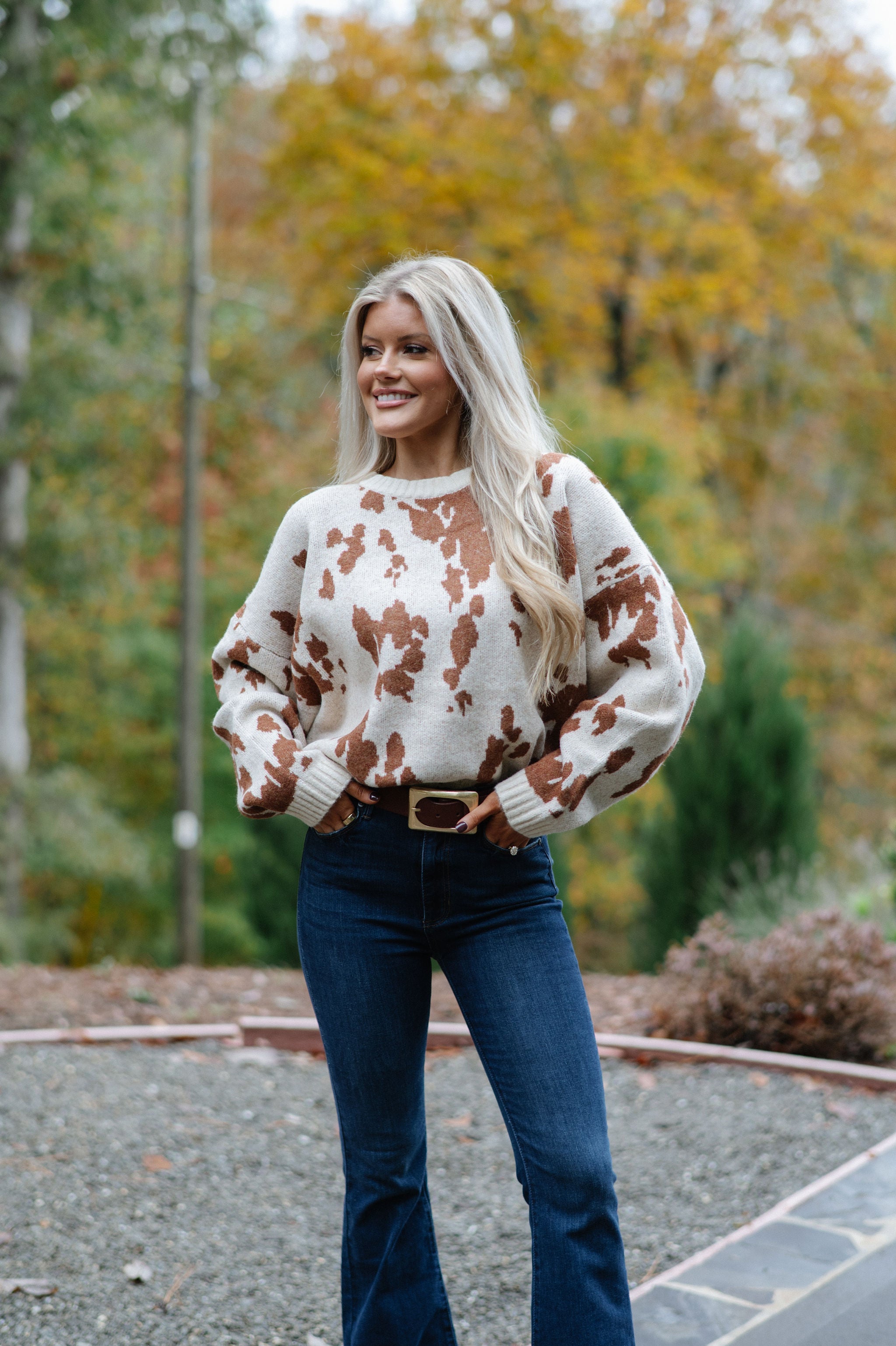 Chic Cow Print Sweater-Natural Camel