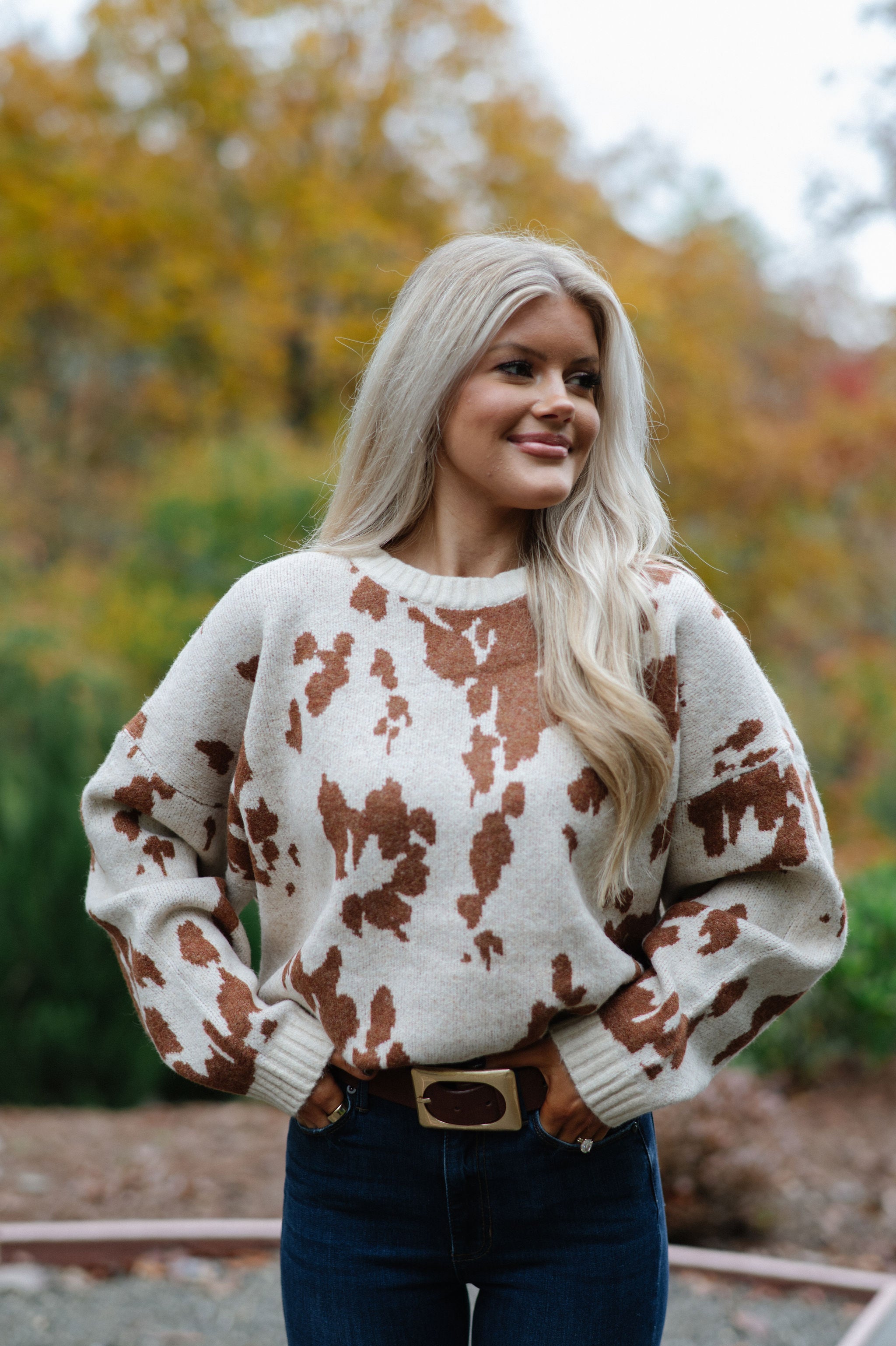 Chic Cow Print Sweater-Natural Camel