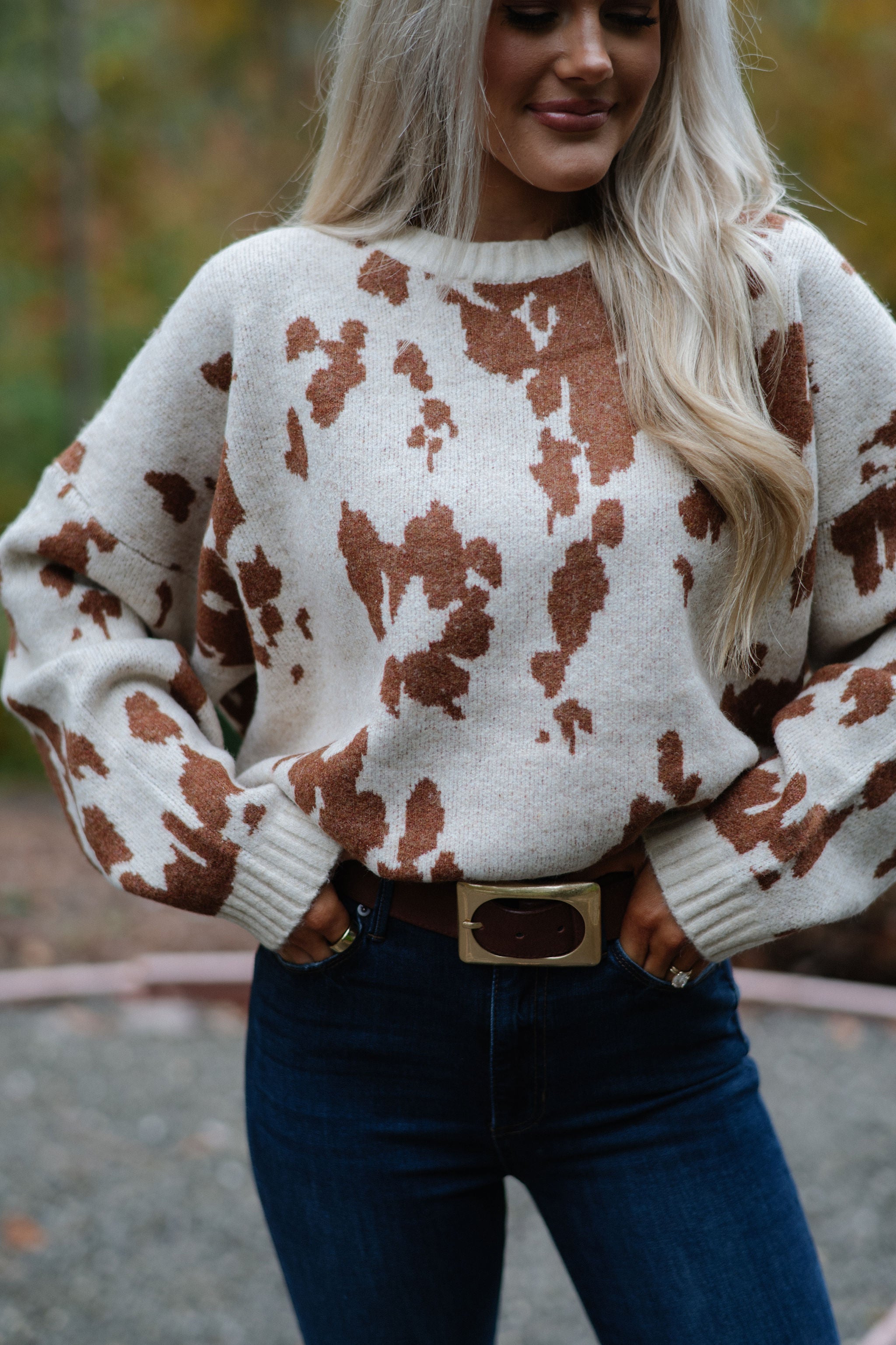 Chic Cow Print Sweater-Natural Camel