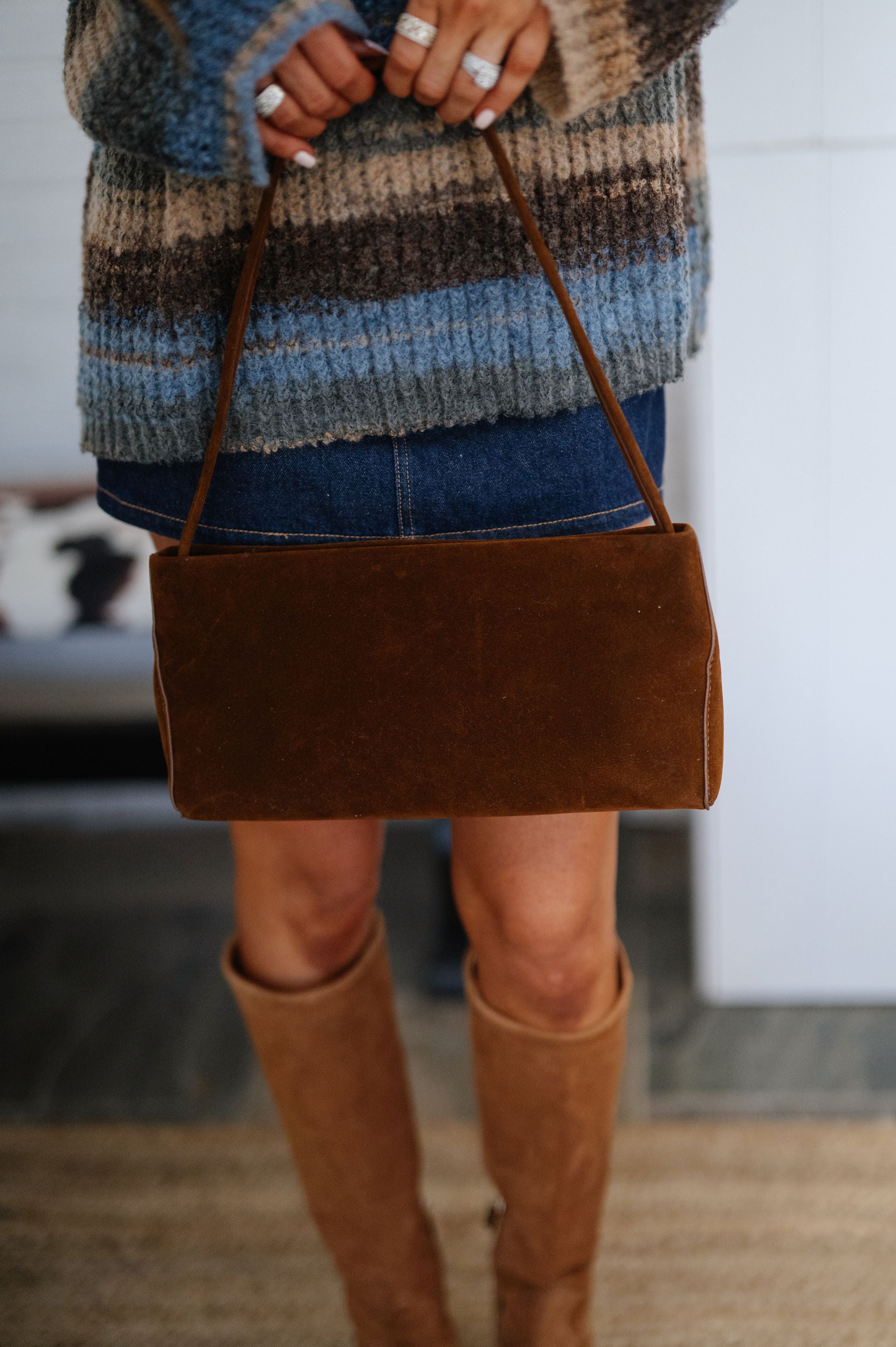 Faux Suede Rectangle Bag-Brown