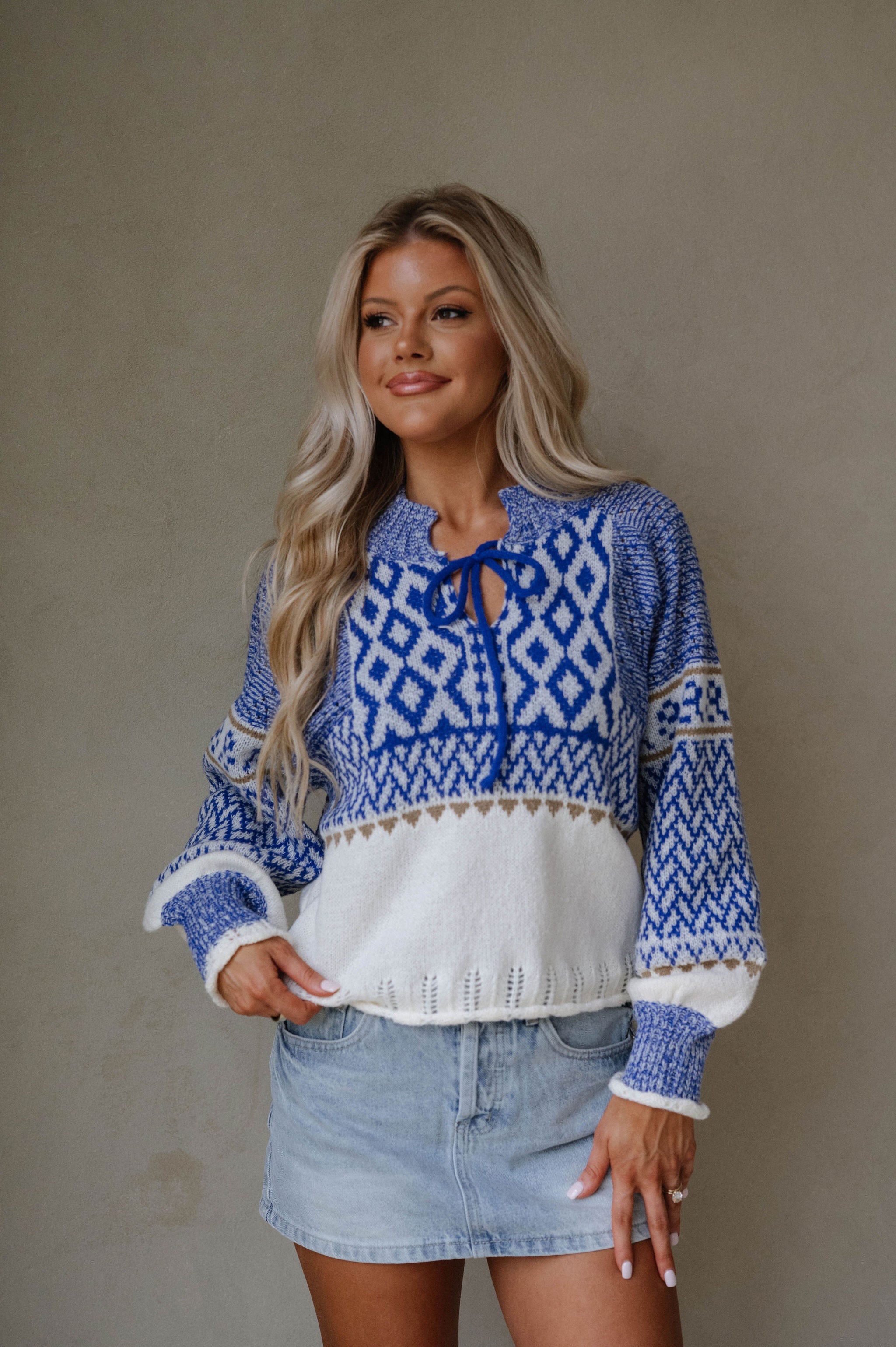 Puff Sleeve Nordic Sweater-Royal Blue